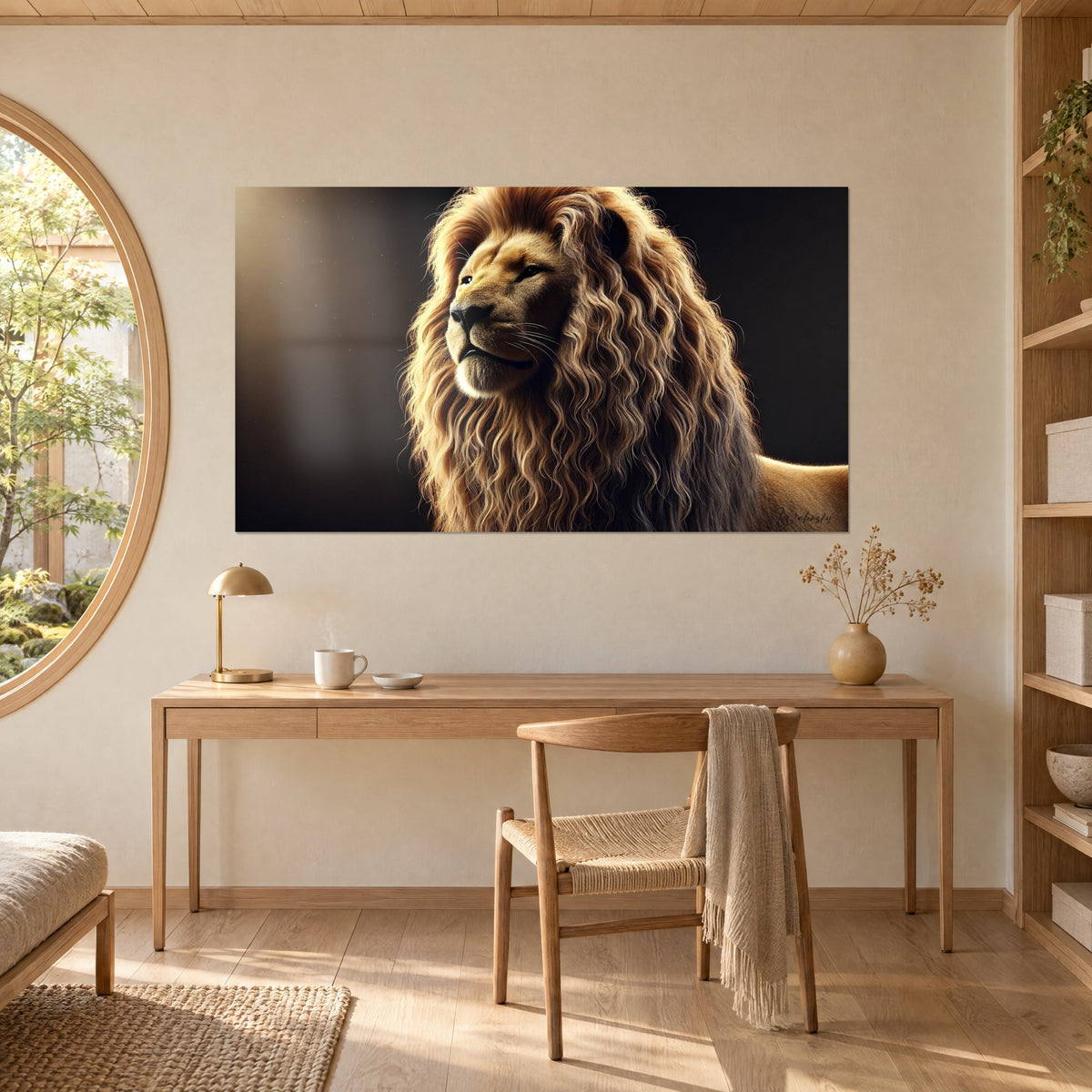 Tableau lion de profil, crinière ondulée miel et cuivre sur fond sombre, au-dessus d'un bureau en bois clair près d'un miroir rond