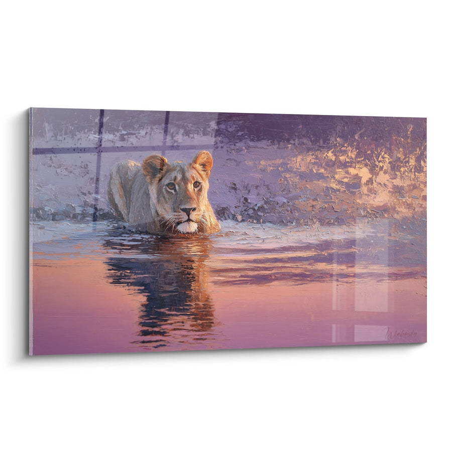 Tableau Lion Buvant dans l'Eau aux Reflets Dorés - Sérénité Sauvage - Edition Lion