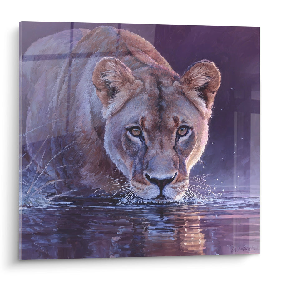 Tableau Lion Buvant aux Reflets Pourpres et Dorés - Soif Royale - Edition Lion