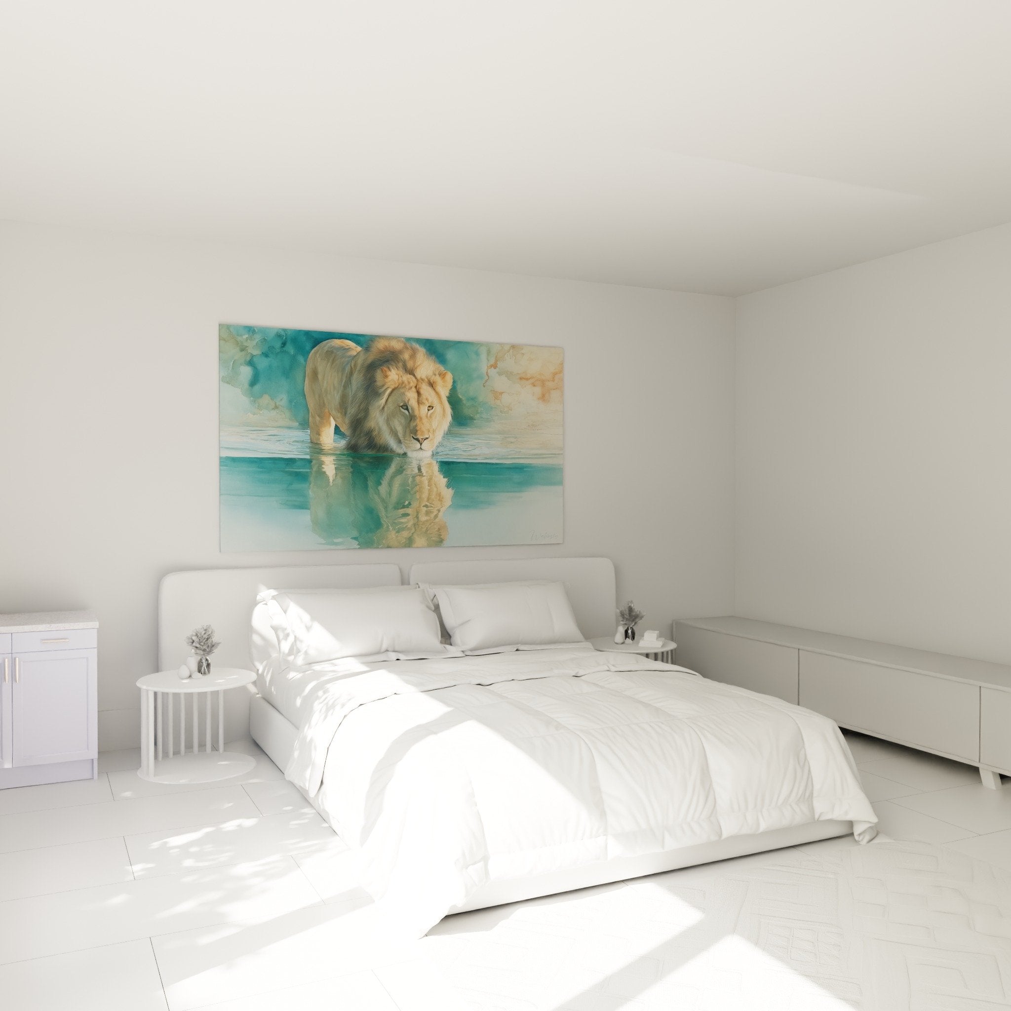 Quadro leone riflessi dorati in camera moderna con decorazione contemporanea toni naturali