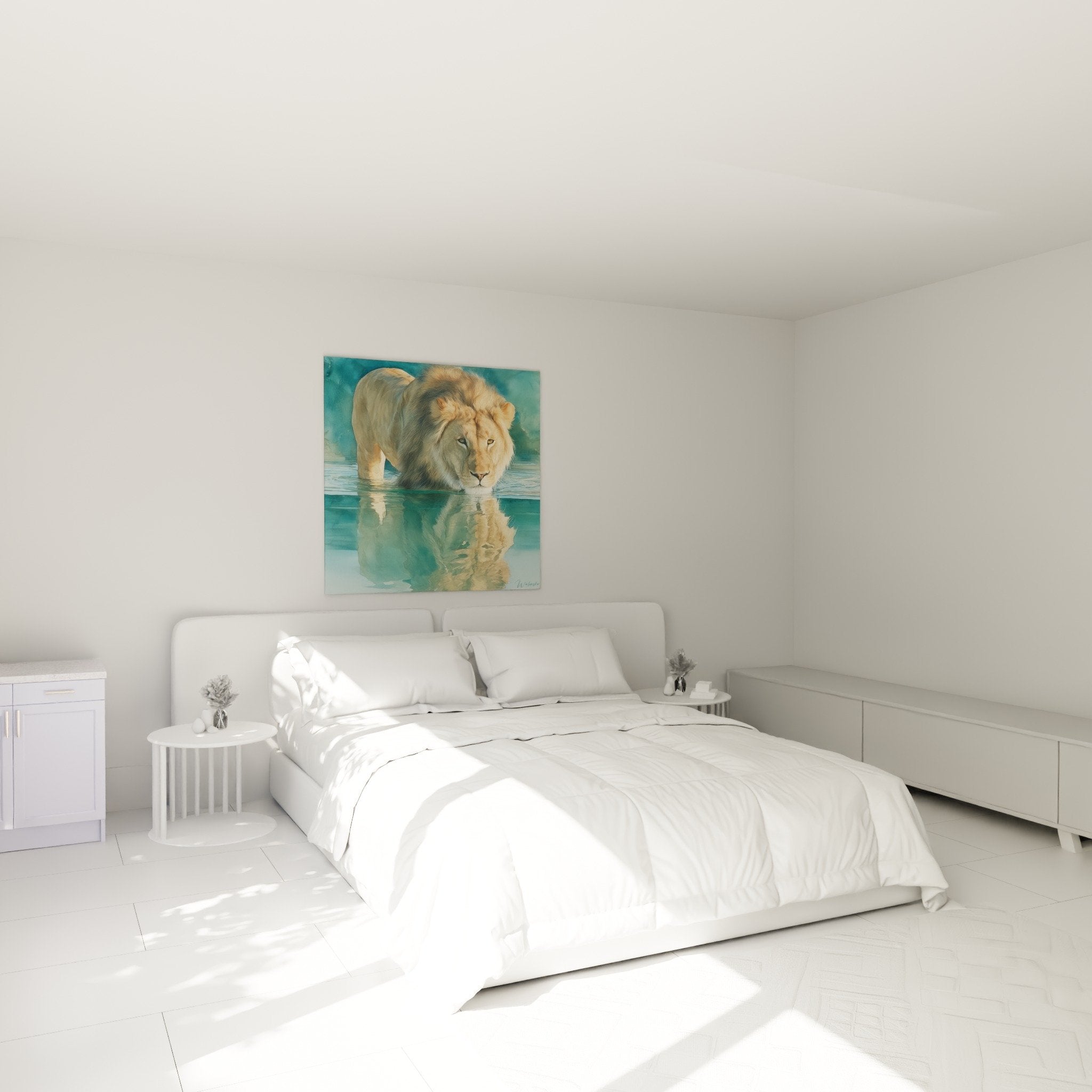 Quadro leone riflessi acquatici decorazione camera ambiente sereno arte animale murale