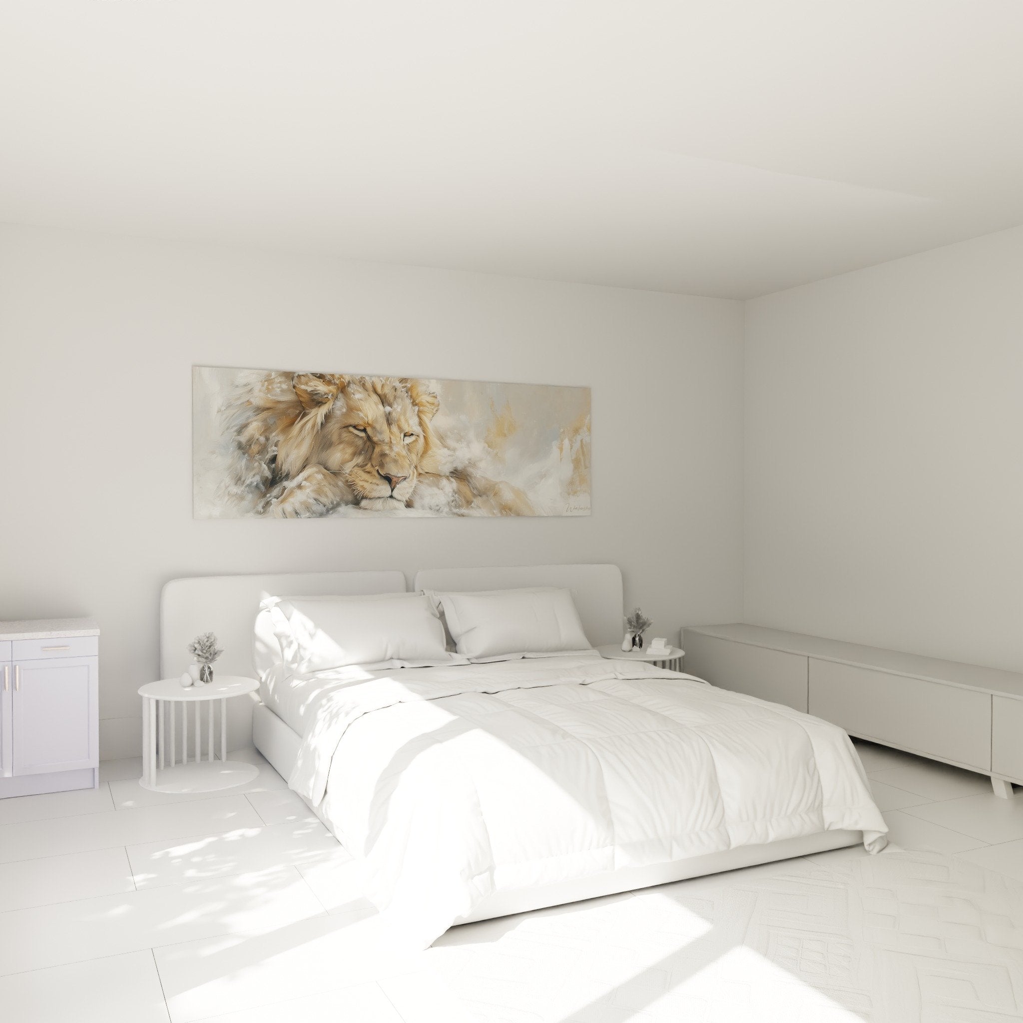 golden lion painting master bedroom wall decor soothing beige and white tones serene atmosphere