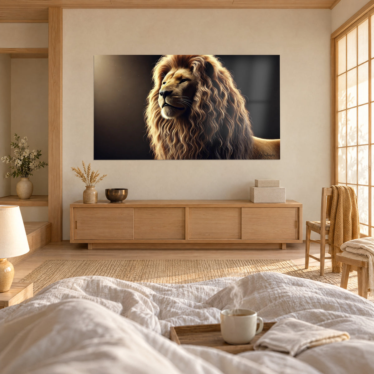 Tableau roi de la savane au regard souverain, crinière dorée et fond ébène, sur mur beige au-dessus d'un lit dans une chambre claire