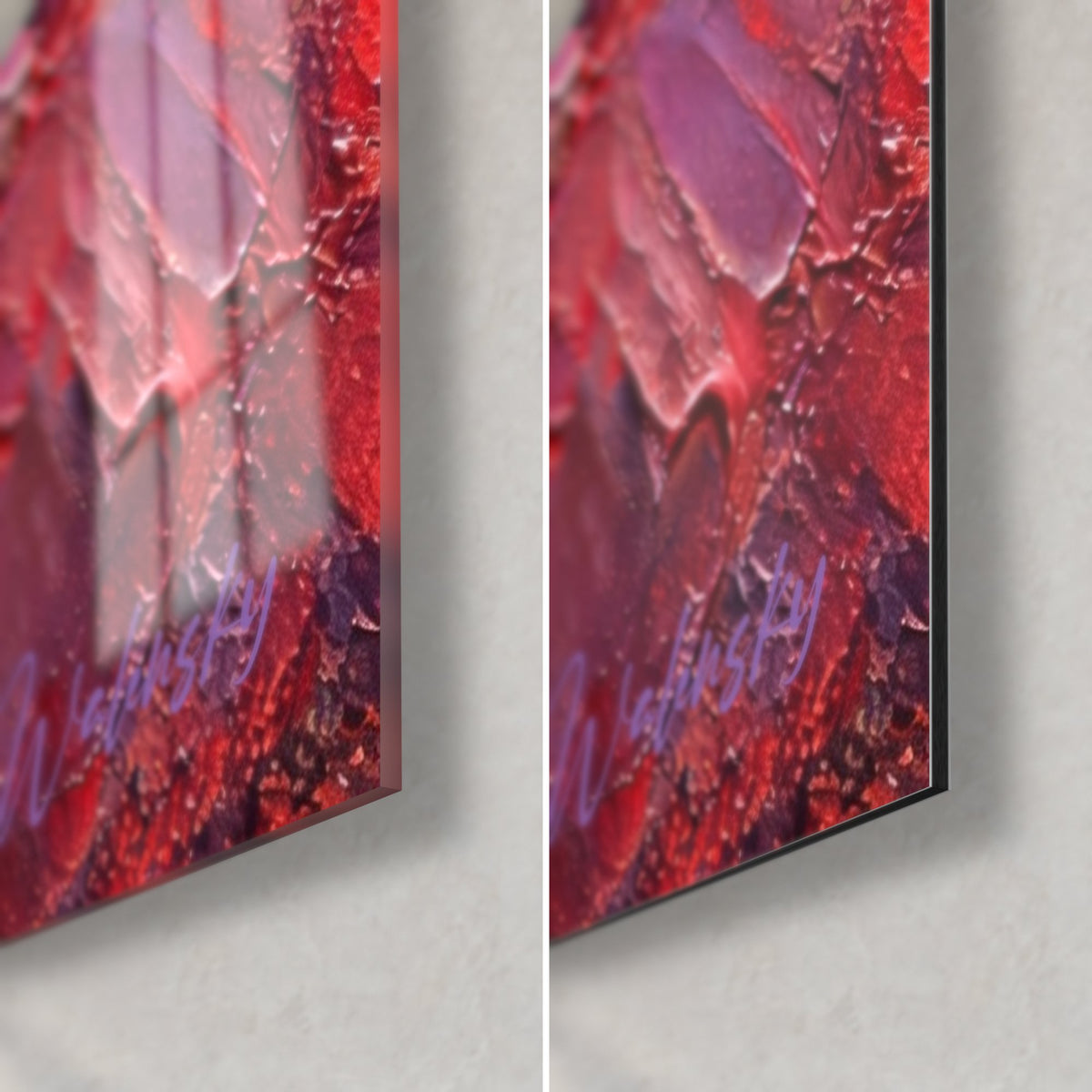 Tableau félin à crinière rouge, coin bas droit : verre acrylique brillant à gauche, alu Dibond mat à droite, tranche 3 mm