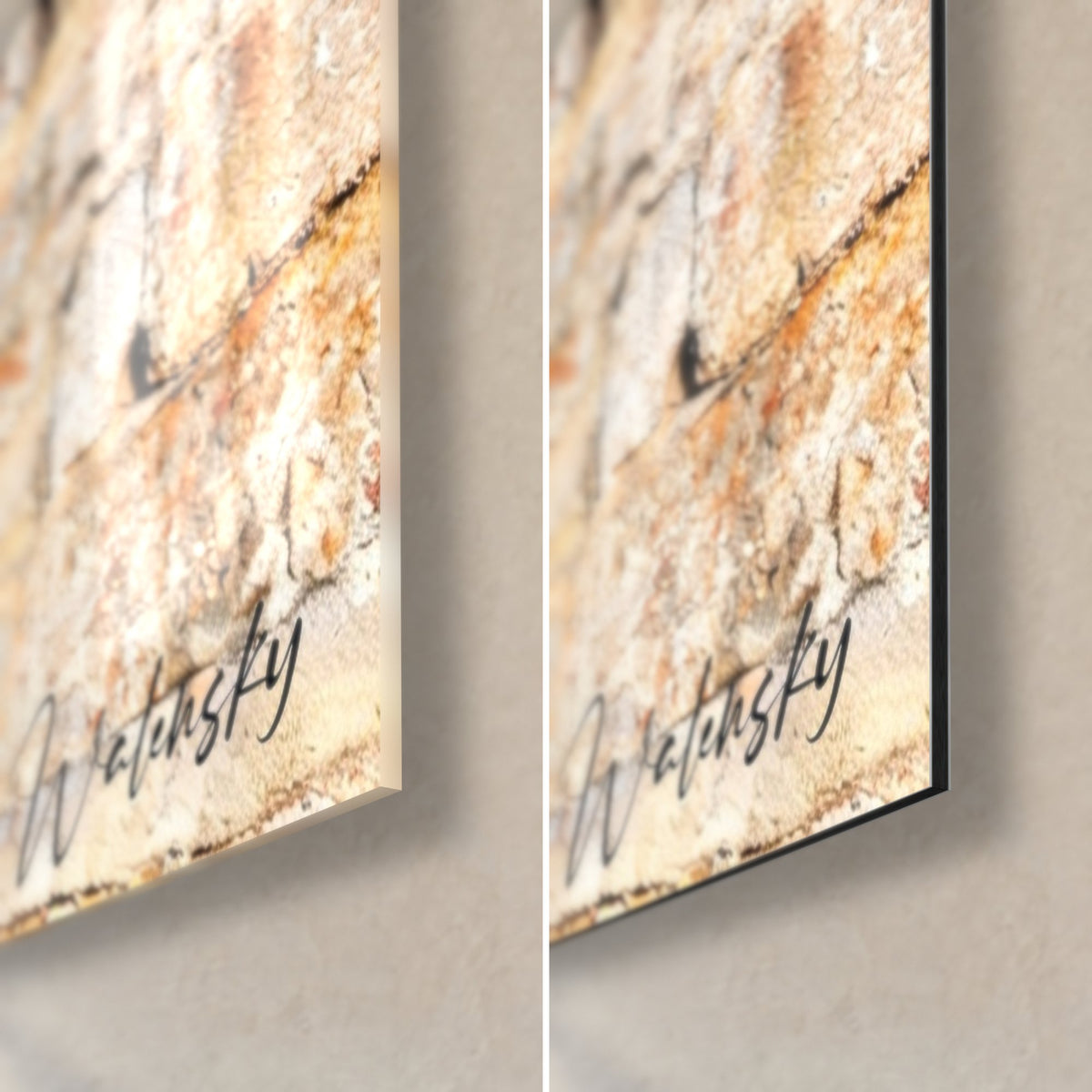 Tableau tête de lion, coin bas droit : verre acrylique brillant à gauche, Dibond mat à droite, tranche noire de 3 mm