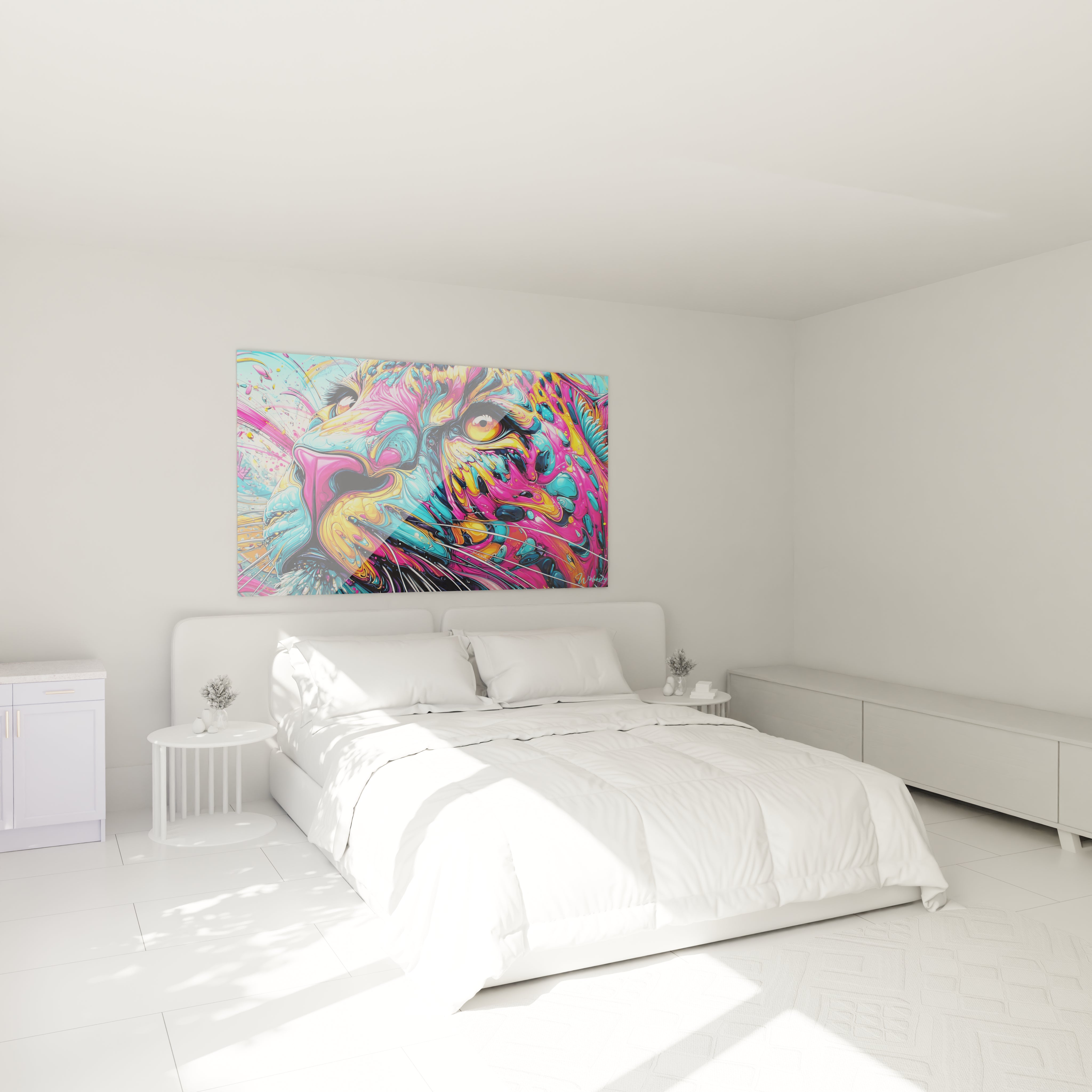 Ambiance chambre avec tableau mural lion coloré psychédélique décoration intérieure moderne