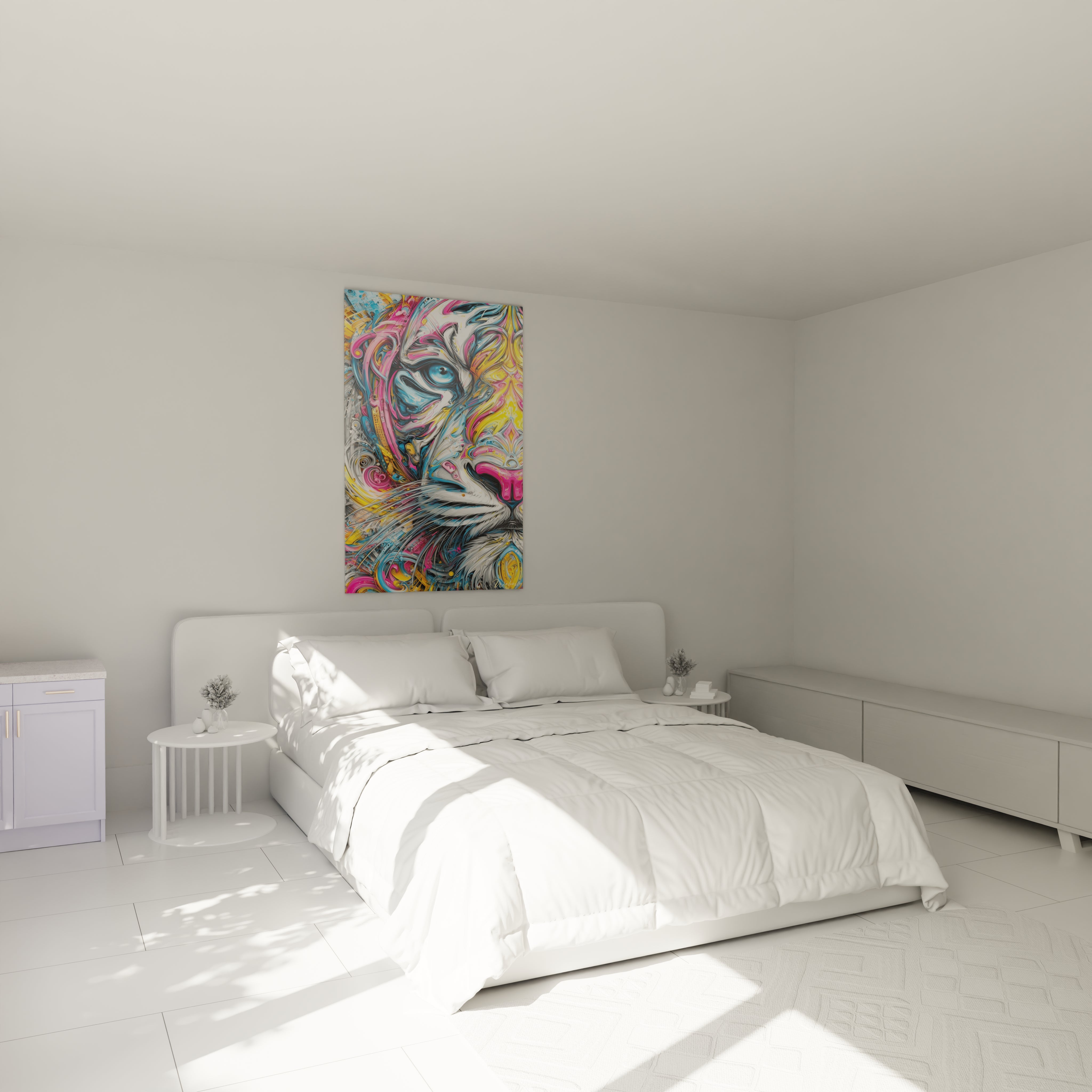 Tableau lion coloré abstrait dans chambre moderne décoration murale psychédélique ambiance contemporaine