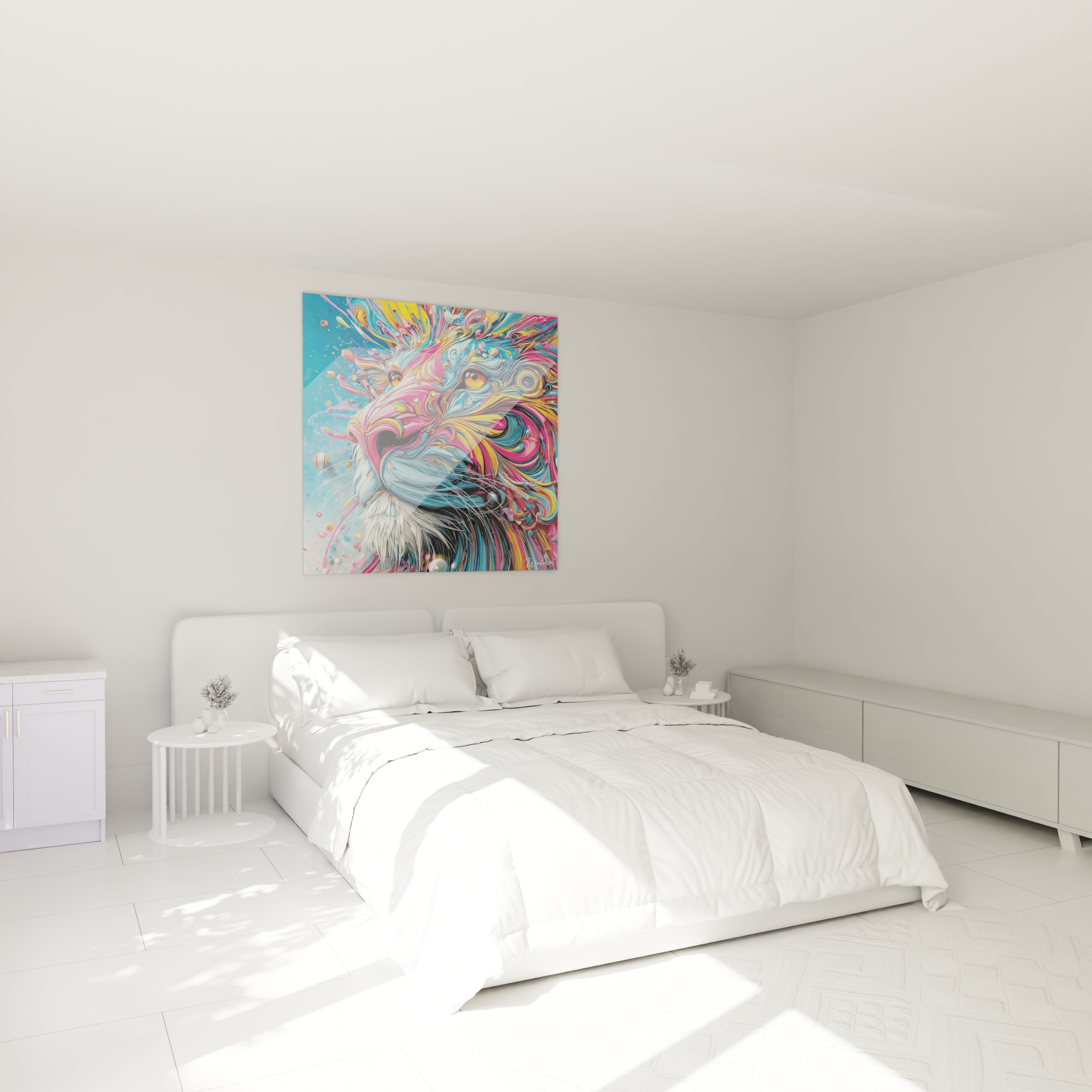 Tableau lion coloré décorant une chambre moderne avec couleurs psychédéliques vibrantes