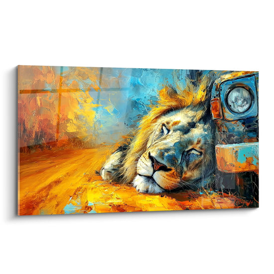 Quadro artistico leone disteso tonalità dorate arancioni e blu turchese stile contemporaneo espressivo