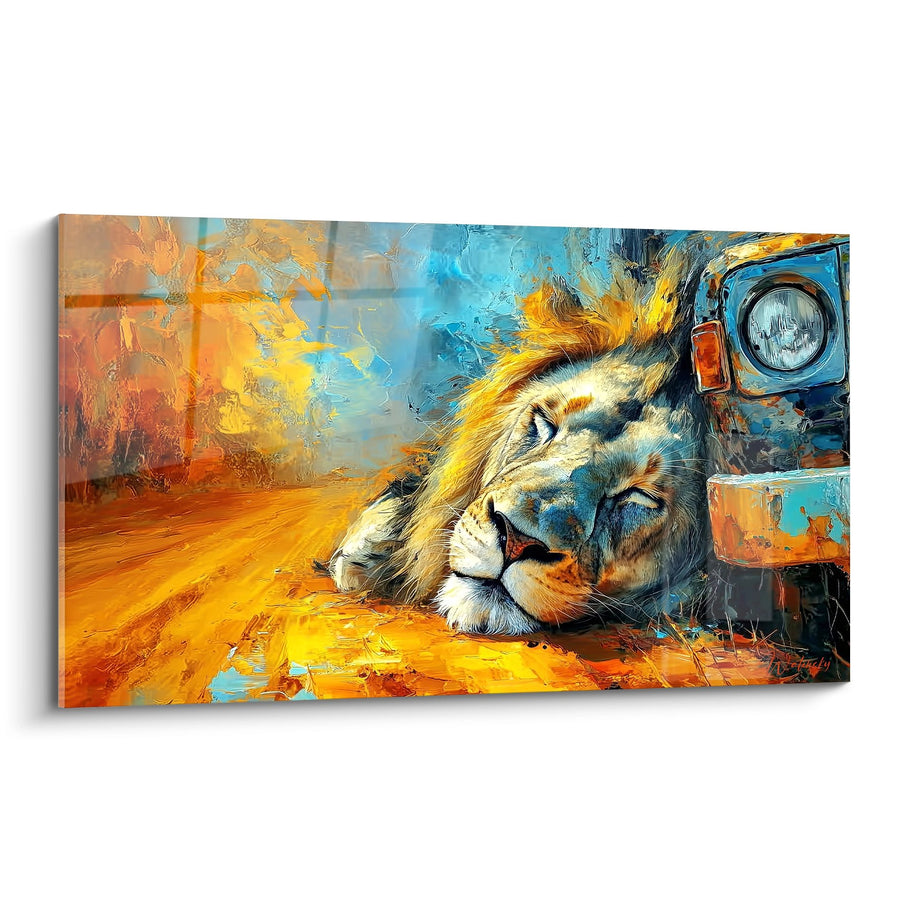Tableau Lion Couché aux Tons Dorés et Bleus - Majesté Paisible - Edition Lion