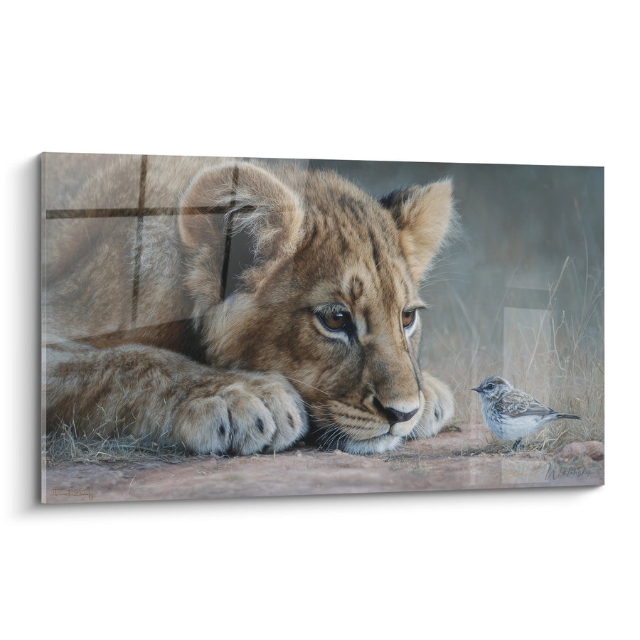 Tableau Lion Couché aux Tons Dorés et Petit Oiseau - Tendresse Sauvage - Edition Lion