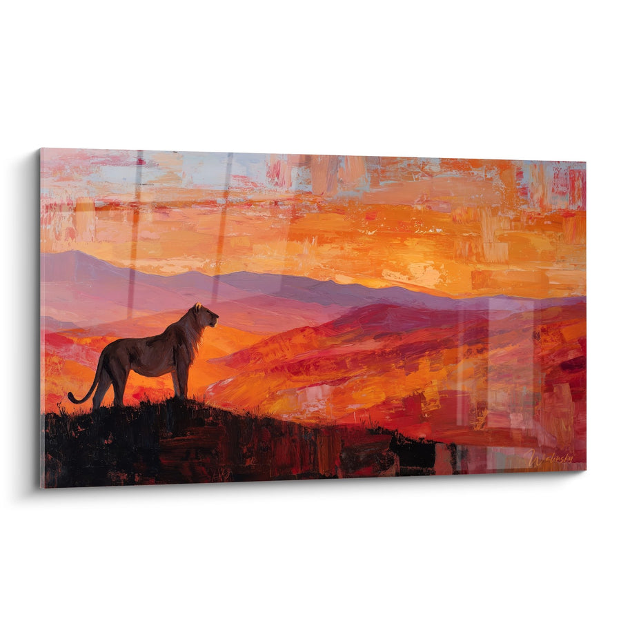 Tableau Lion Majestueux au Coucher de Soleil - Paysage Africain aux Tons Orange et Pourpre - Edition Lion