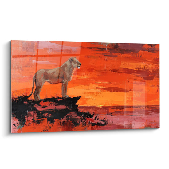 Tableau lion majestueux sur rocher contemplant coucher soleil orange rouge savane africaine