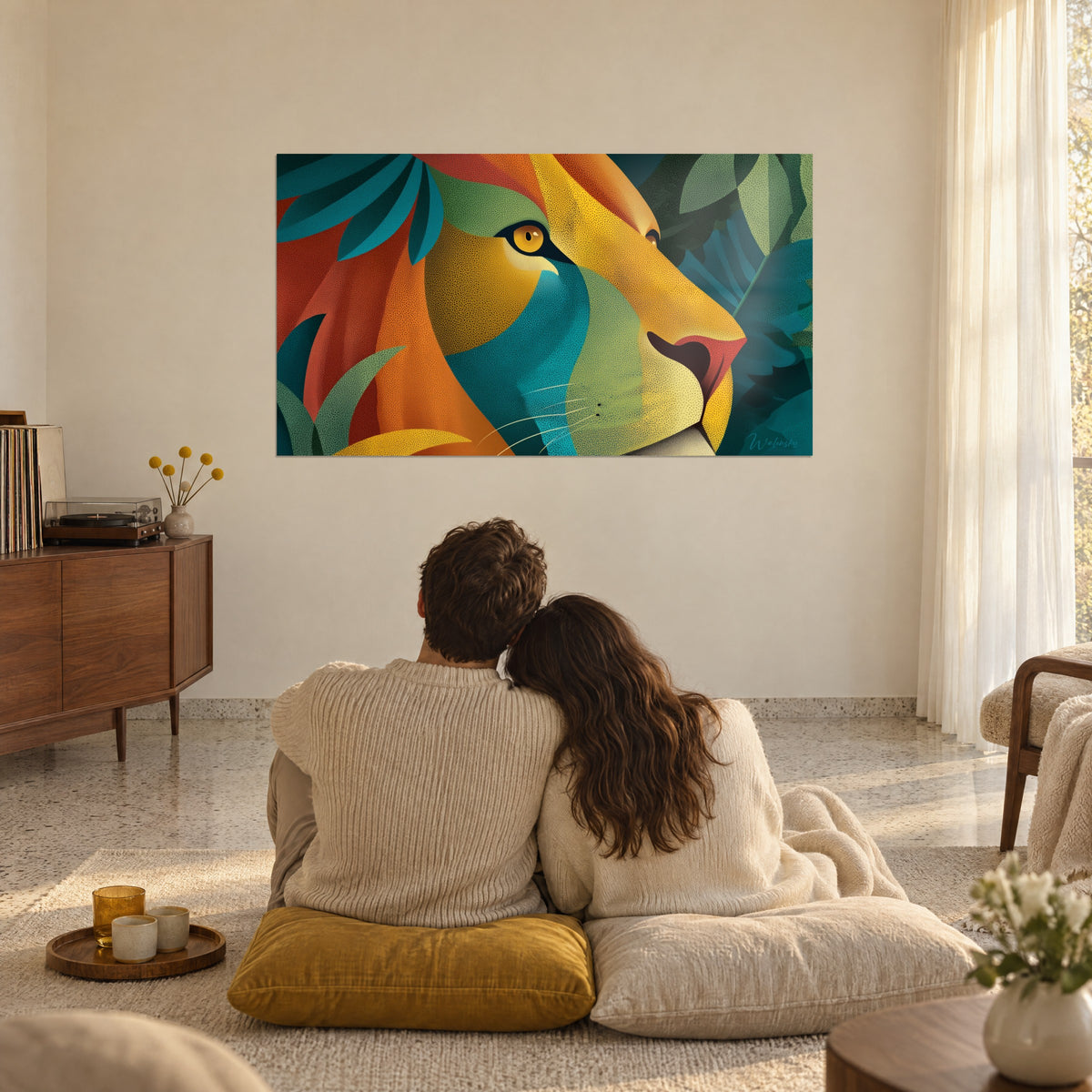 Schilderij van een leeuwenprofiel in amberkleurige en turquoise vlakken, stel van achteren omhelsd op mosterdgele kussens, woonkamer badend in licht