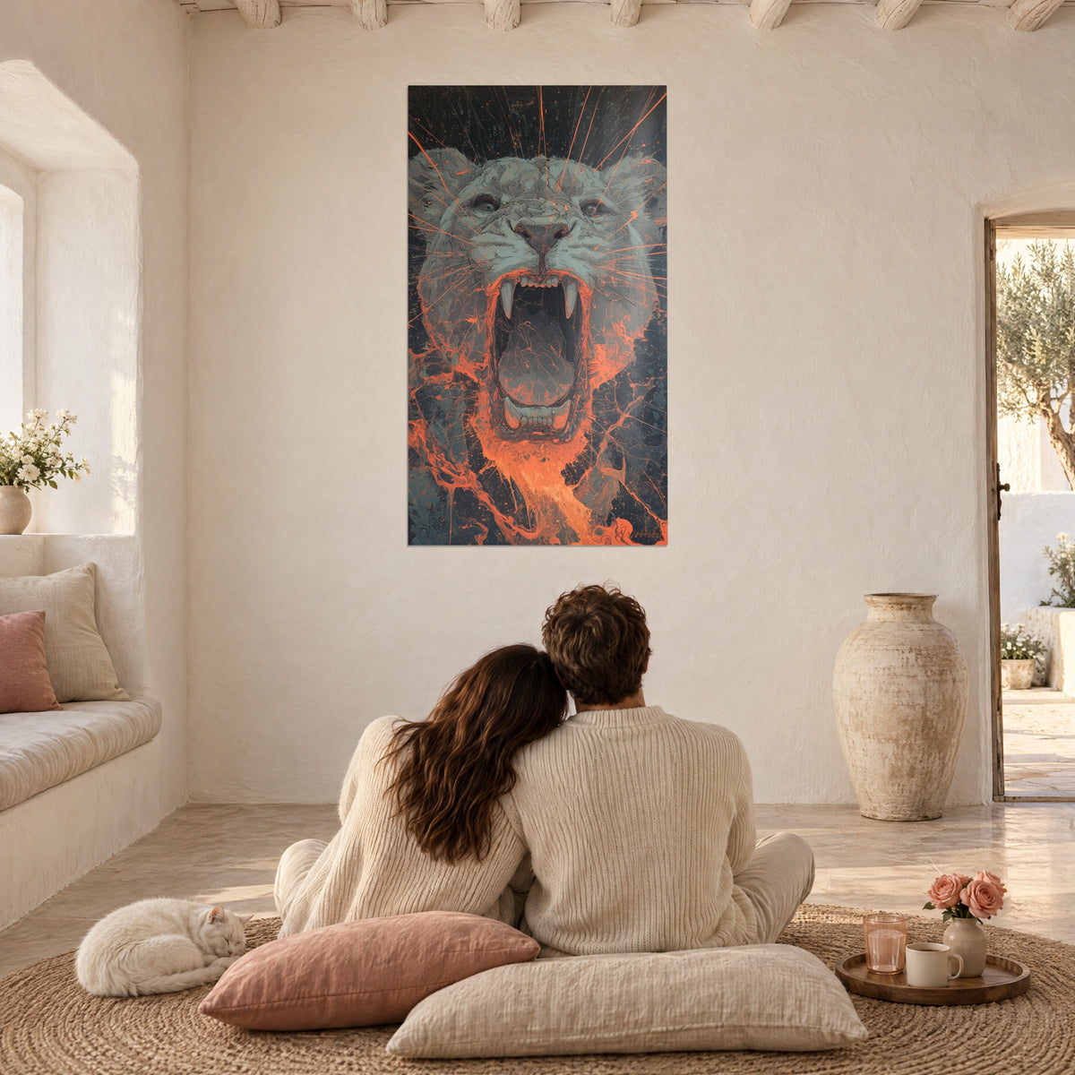 Schilderij brullende leeuwenkop, staalgrijs en oranje lava, een koppel van achteren op roze kussens en een kat, Mediterraans huis
