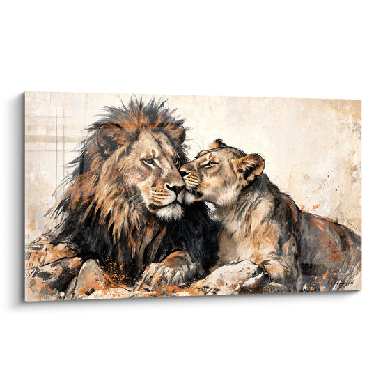 Tableau Couple de lions ocre et anthracite allongés - Tendresse sauvage - Edition lion
