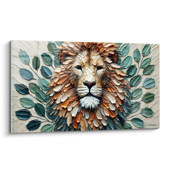 Tableau Lion doré à crinière texturée feuillage vert - Présence royale sereine - Edition Lion