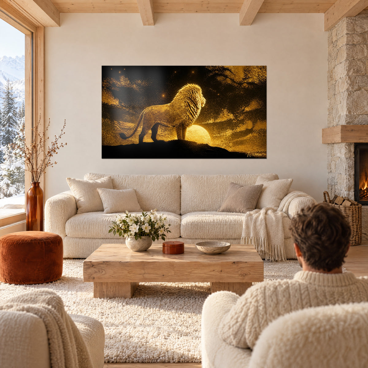 Tableau lion à crinière dorée sur un rocher noir, soleil jaune derrière, ciel étoilé, au-dessus d'un canapé dans un salon lumineux