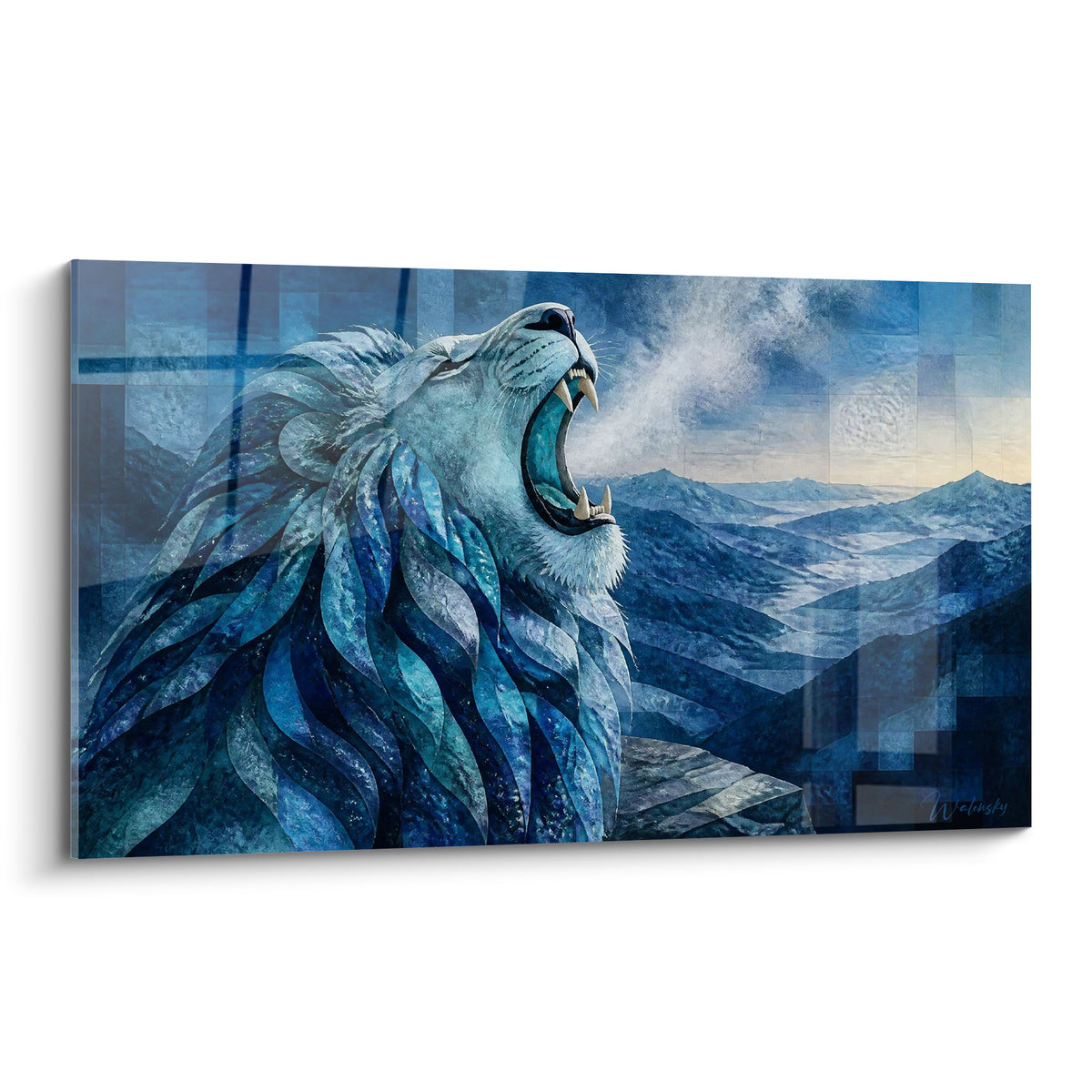 Wall art roaring lion with midnight blue and turquoise mane, mouth open facing the snowy mountains.