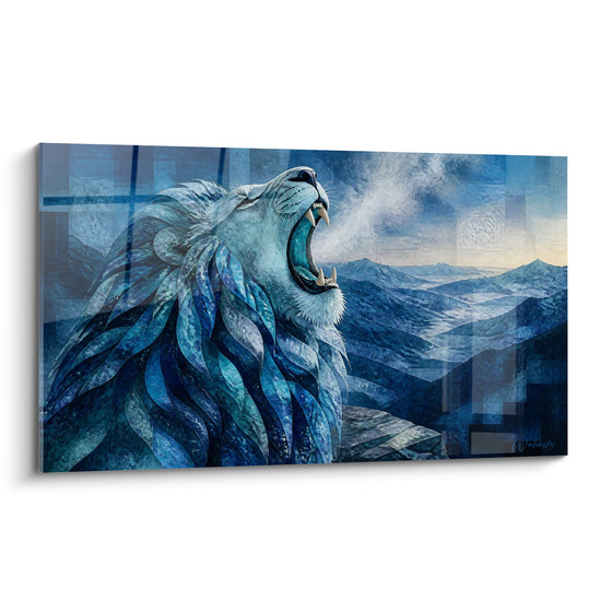 Tableau Lion rugissant crinière bleu nuit sur montagnes - Souffle des cimes - Edition Lion