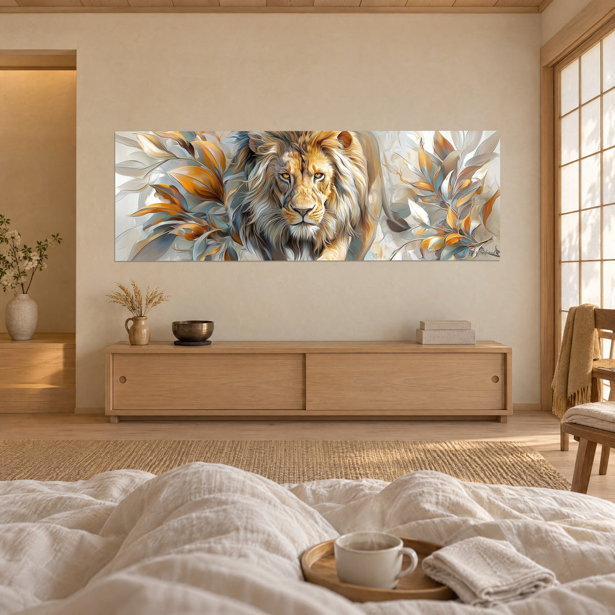 Schilderij van een vale en ivoorkleurige manen omlijst door oranje en blauwgrijze bladeren, van achteren gezien boven een bed in een lichte slaapkamer
