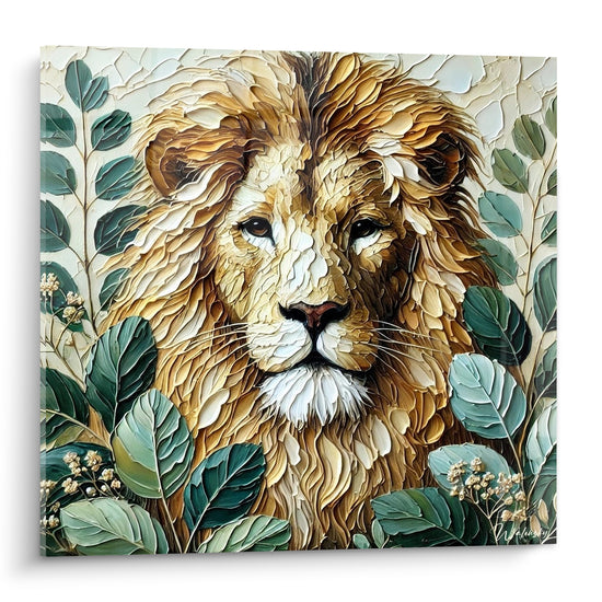 Tableau Lion doré parmi feuillage vert sauge - Roi du feuillage - Edition Lion