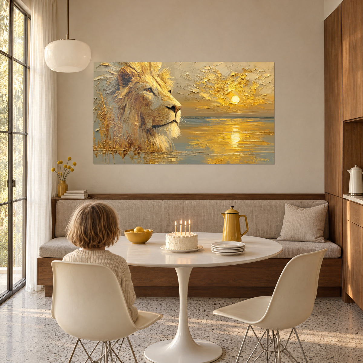Wall art of a majestic feline with a pale yellow mane, palette-knife sky in yellow and cream, little girl seen from behind at a table, 1950s living room