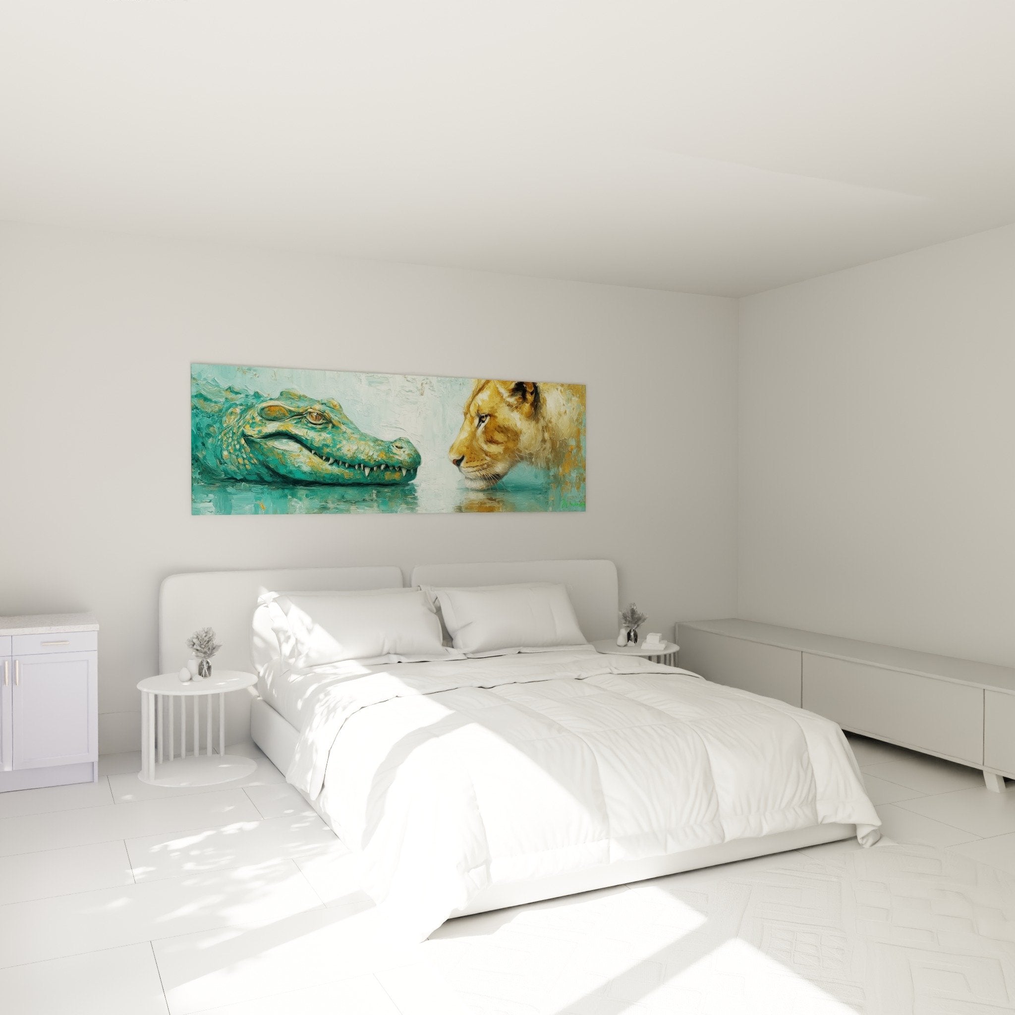 Lion crocodile painting turquoise water above bed bedroom contemporary wall art