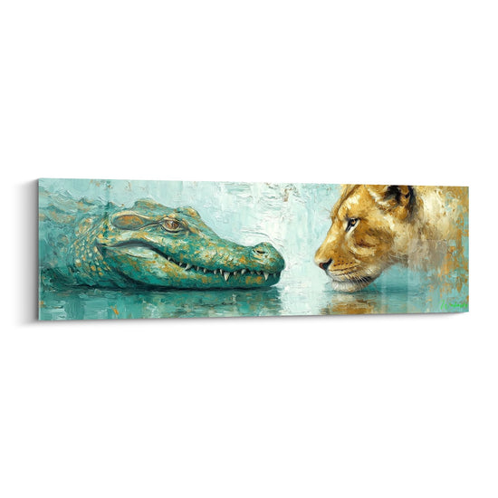 Schilderij Krocodile en Leeuw in Turquoise Water - Face aan Face - Editie Leeuw