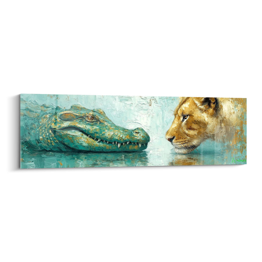 Tableau Crocodile et Lion dans l'Eau Turquoise - Face à Face - Edition Lion