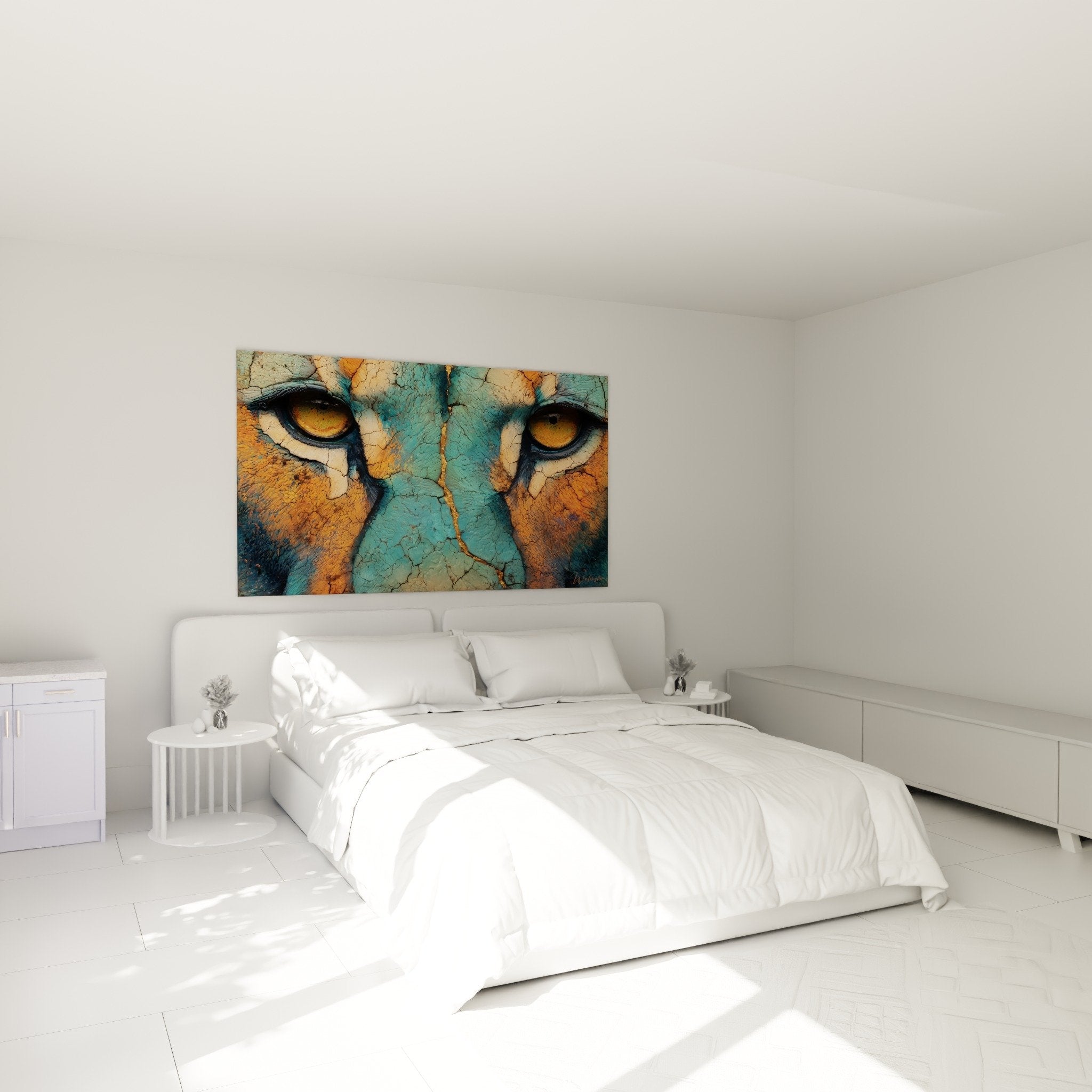 Quadro leone occhi ambra decorazione camera moderna parete bianca arredamento contemporaneo atmosfera sofisticata