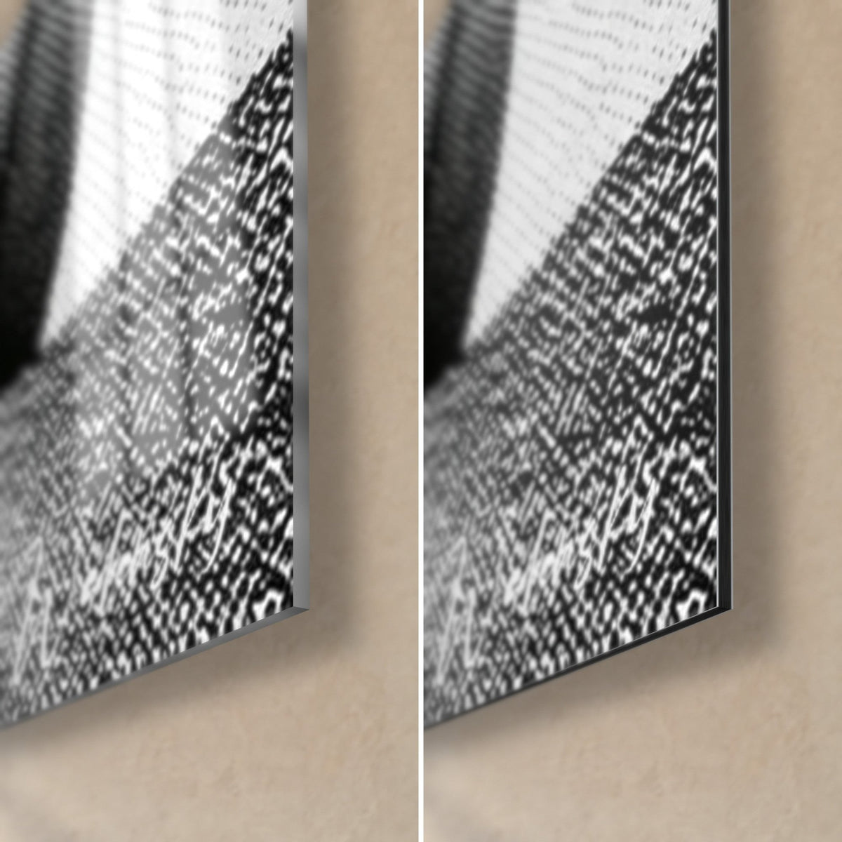 Cuadro rey de la selva en trama blanca y negra, esquina inferior derecha: vidrio acrílico brillante a la izquierda, aluminio Dibond gris mate a la derecha, canto de 3 mm