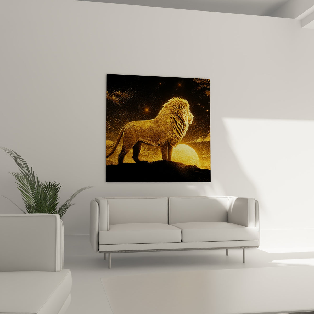 Silhouette dorée du lion sur promontoire sombre, lune dorée en arrière-plan, au-dessus d'un canapé dans un salon lumineux