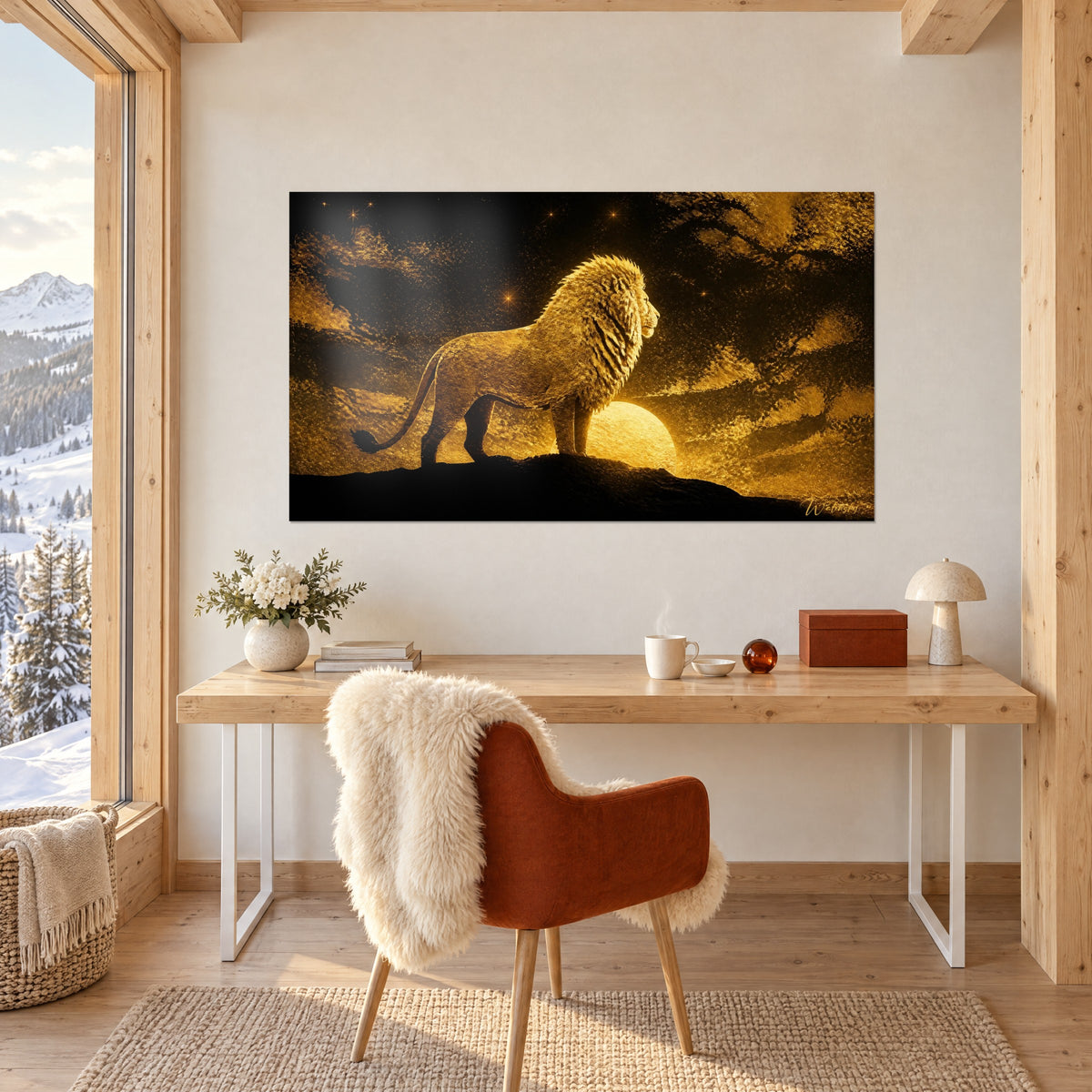 Tableau lion couleur d'or sur silhouette de rocher noire, nuages dorés et étoiles, au-dessus d'un bureau blanc près d'une fenêtre