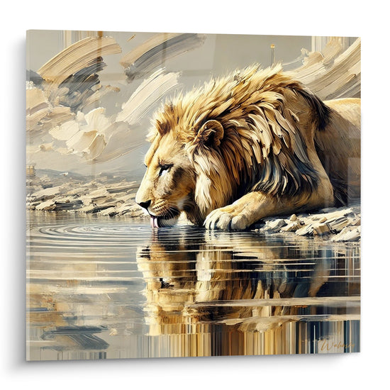 Tableau Lion doré buvant à un point d'eau - Halte au point d'eau - Edition Lion