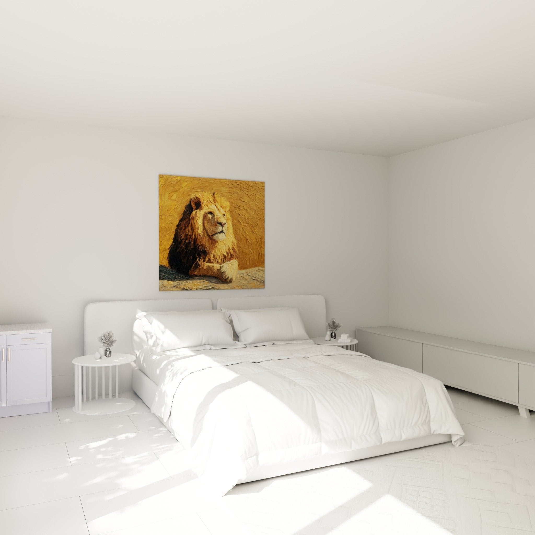 Golden lion wall art bedroom decoration warm tones serene noble ambiance