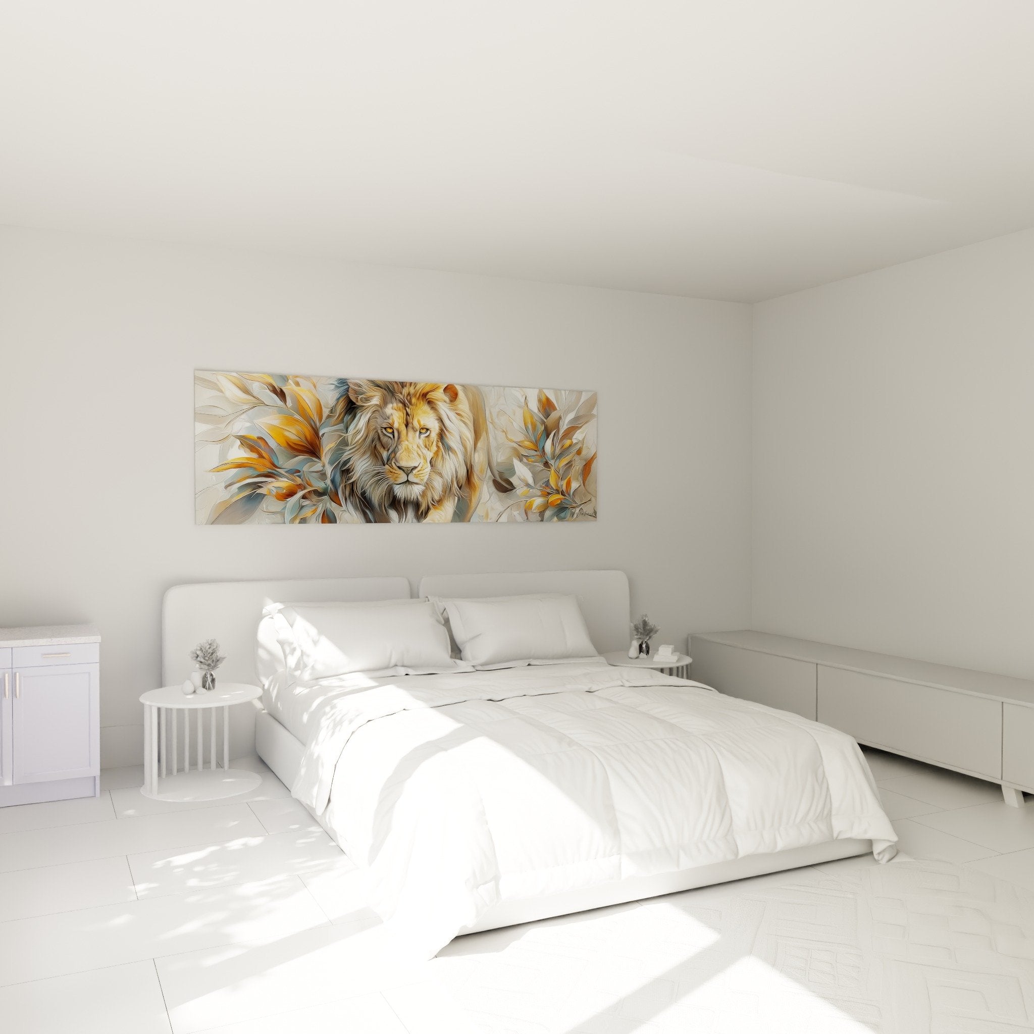 Quadro leone dorato installato sopra un letto in camera moderna con tonalità neutre
