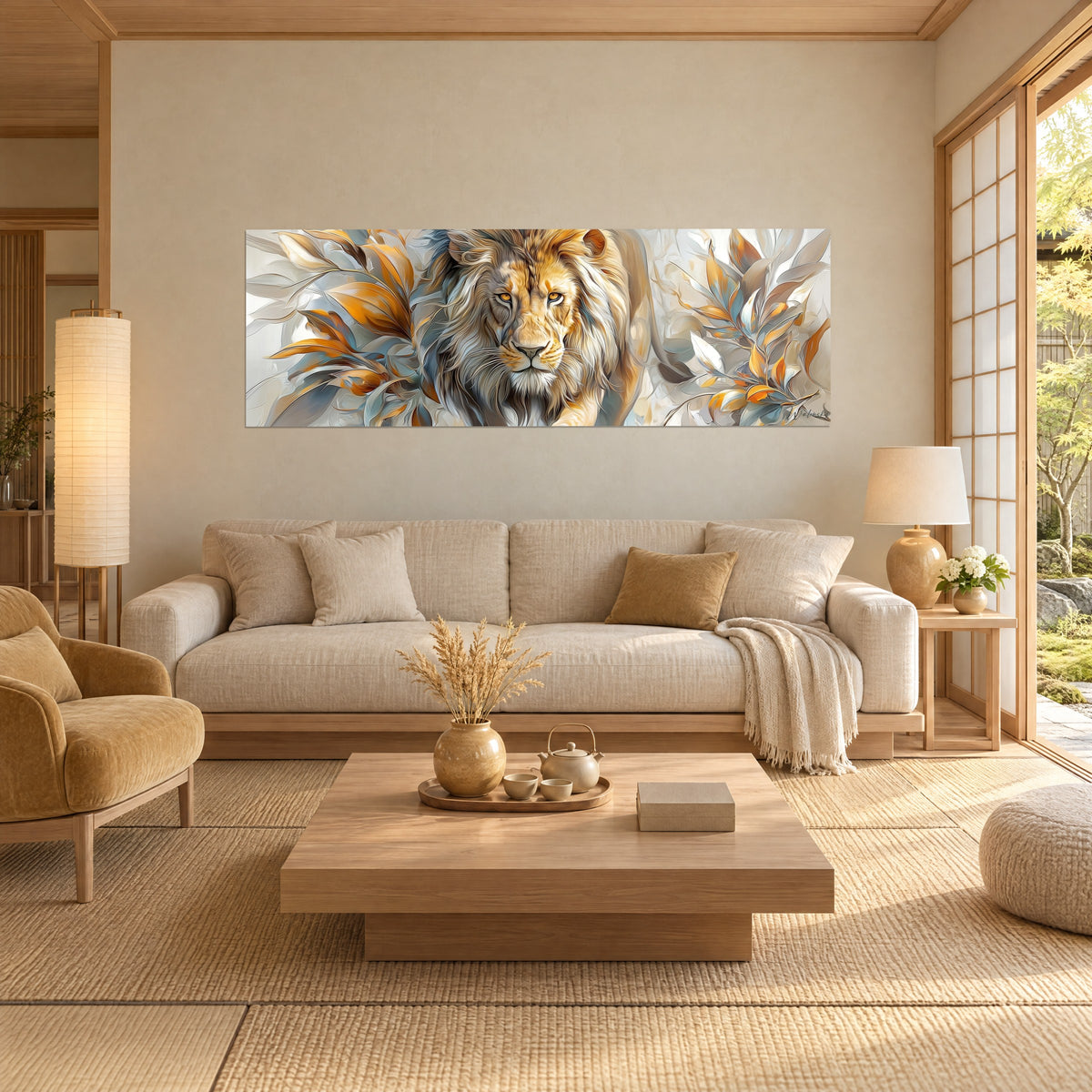 Schilderij van een majestueuze leeuw met gouden manen tussen grijsblauw en oranje gebladerte, boven een bank in een lichte woonkamer