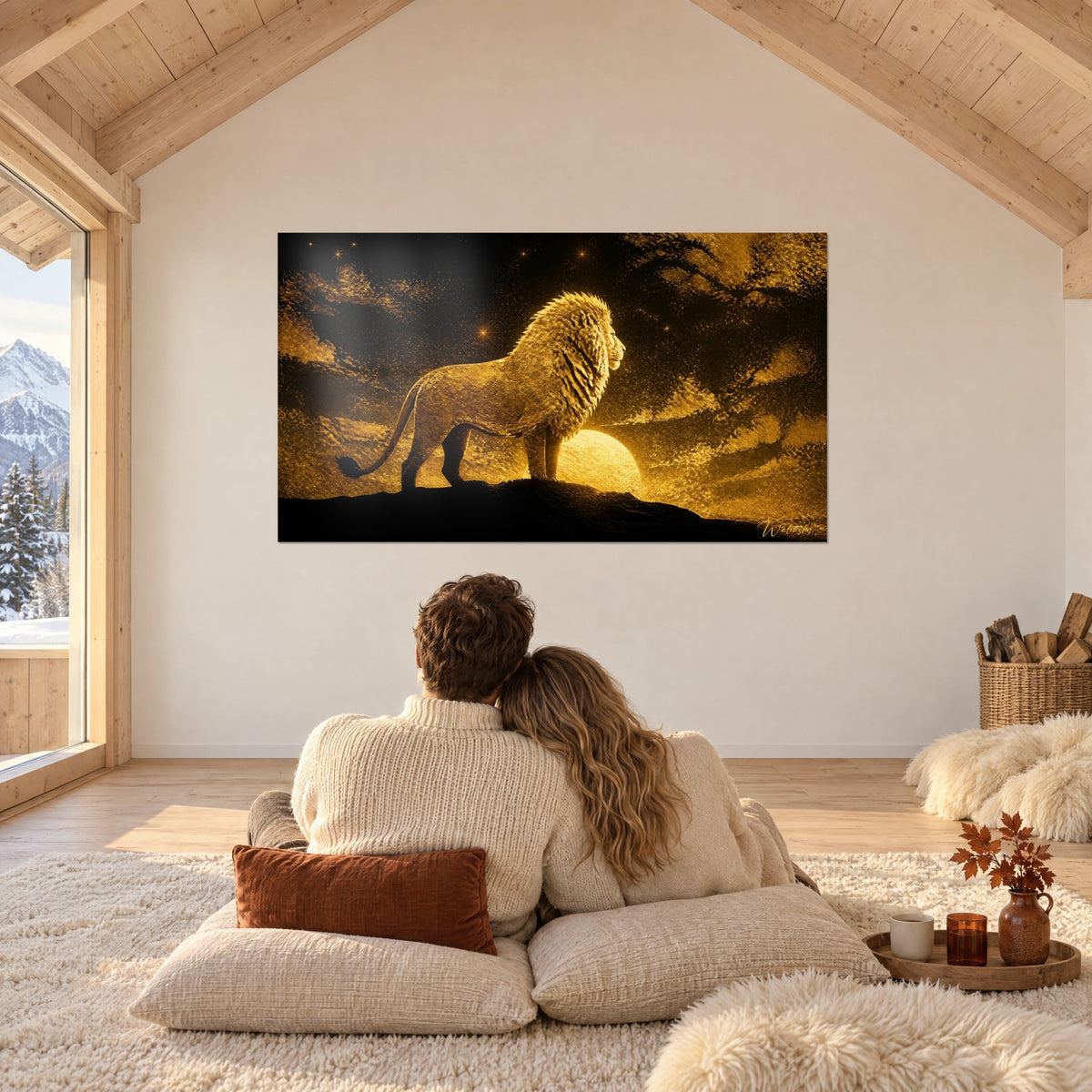 Tableau souverain doré à la queue touffue, ciel noir et nuages cuivrés, face à un couple sur des coussins dans un chalet