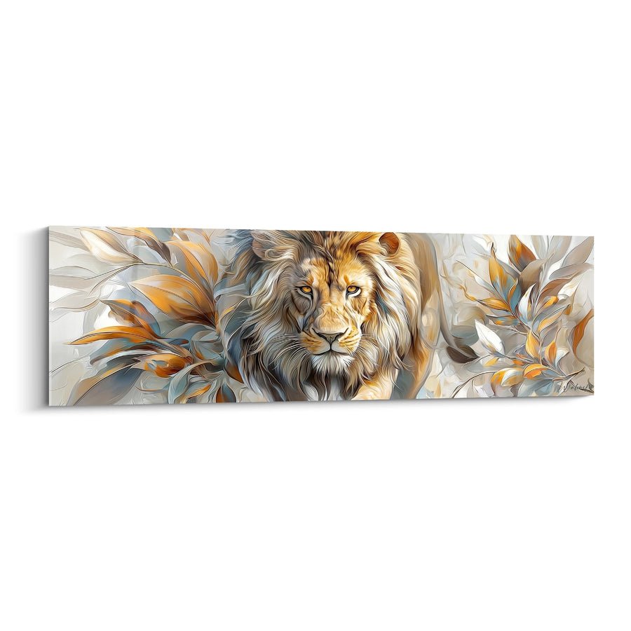 Tableau Lion Majestueux aux Tons Dorés et Feuillages Ornementaux - Roi des Fauves - Edition Lion