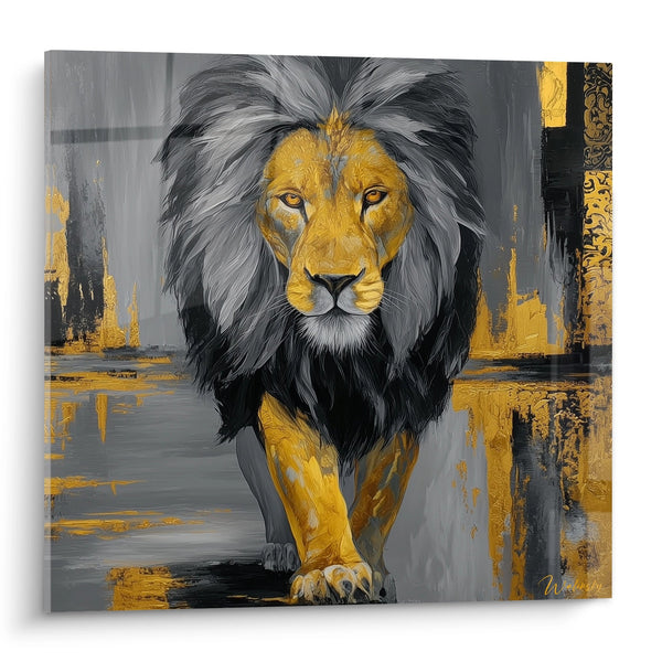 Cuadro León Dorado Sobre Fondo Gris y Negro Abstracto - Majestad Dorada - Edición León