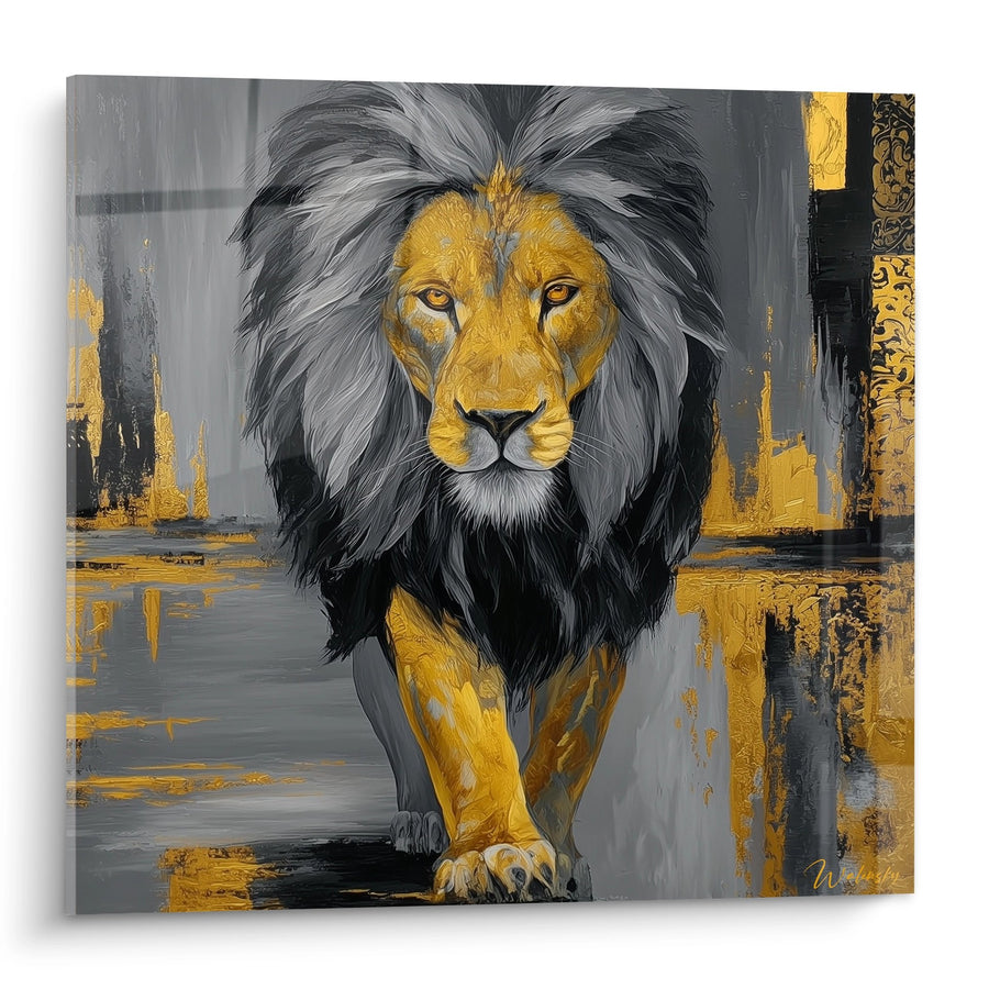 Tableau Lion Doré sur Fond Gris et Noir Abstrait - Majesté Dorée - Edition Lion