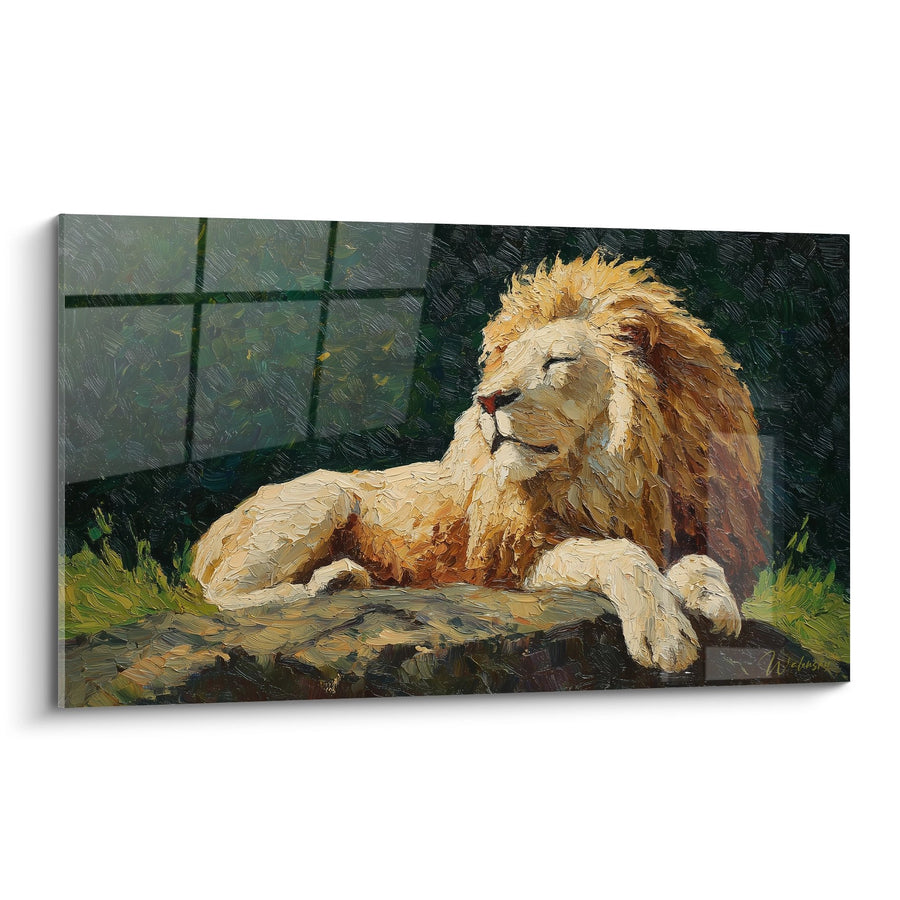 Tableau Lion Majestueux aux Tons Dorés sur Rocher - Roi au Repos - Edition Lion