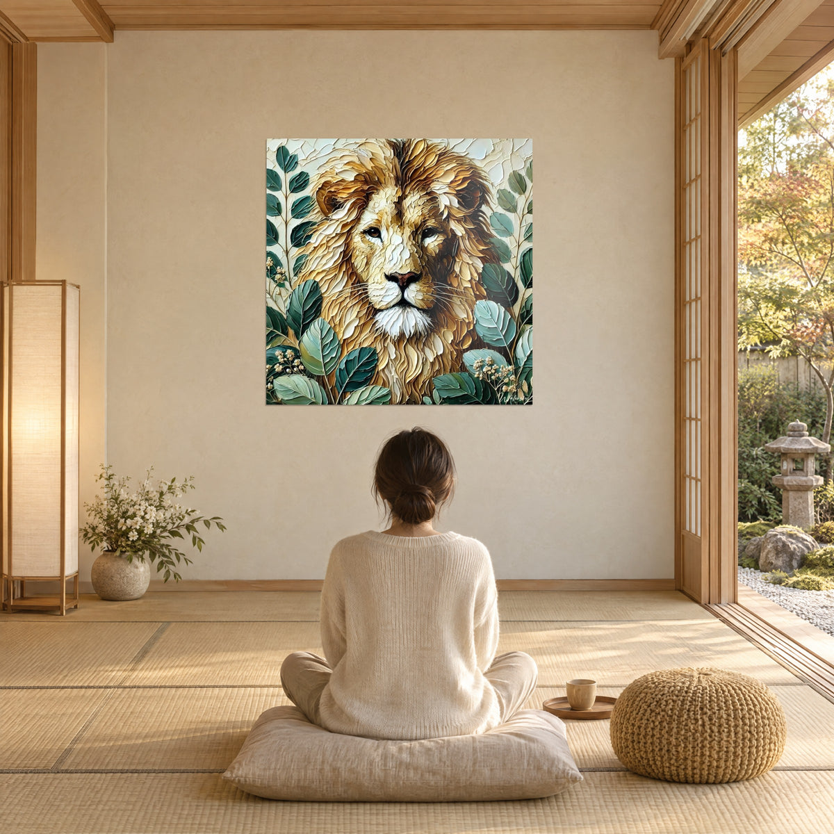 Tableau lion majestueux en relief doré et feuillage sauge, face à une personne assise sur un coussin dans un salon