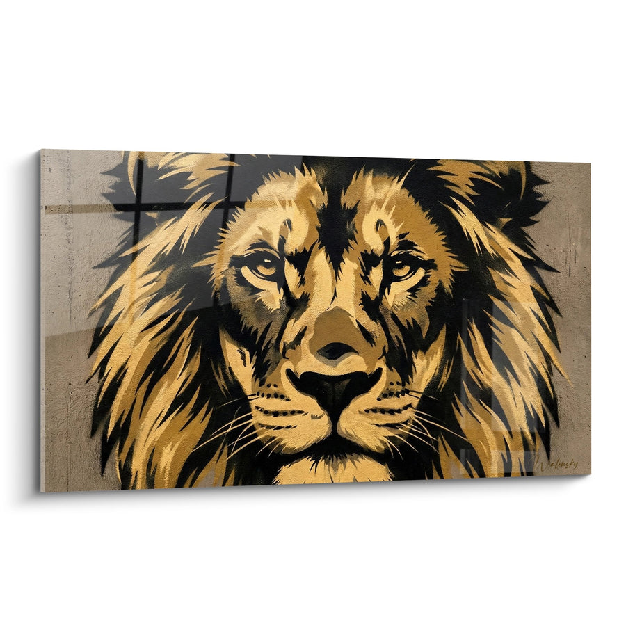 Tableau tête de lion dorée avec crinière contrastée sur fond texturé - Fauve Urbain - Edition Street art pochoir
