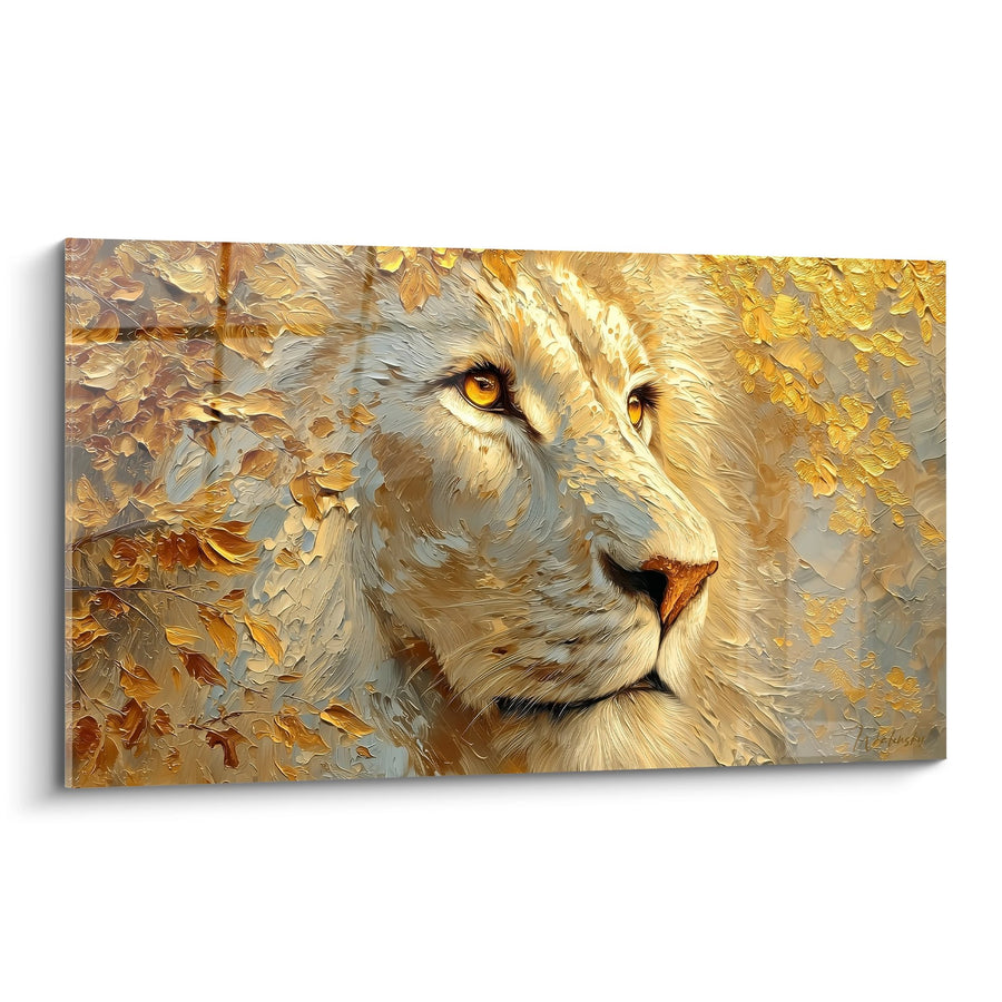 Tableau Lion Doré aux Yeux Ambrés dans Feuillage Automnal - Majesté Dorée - Edition Lion