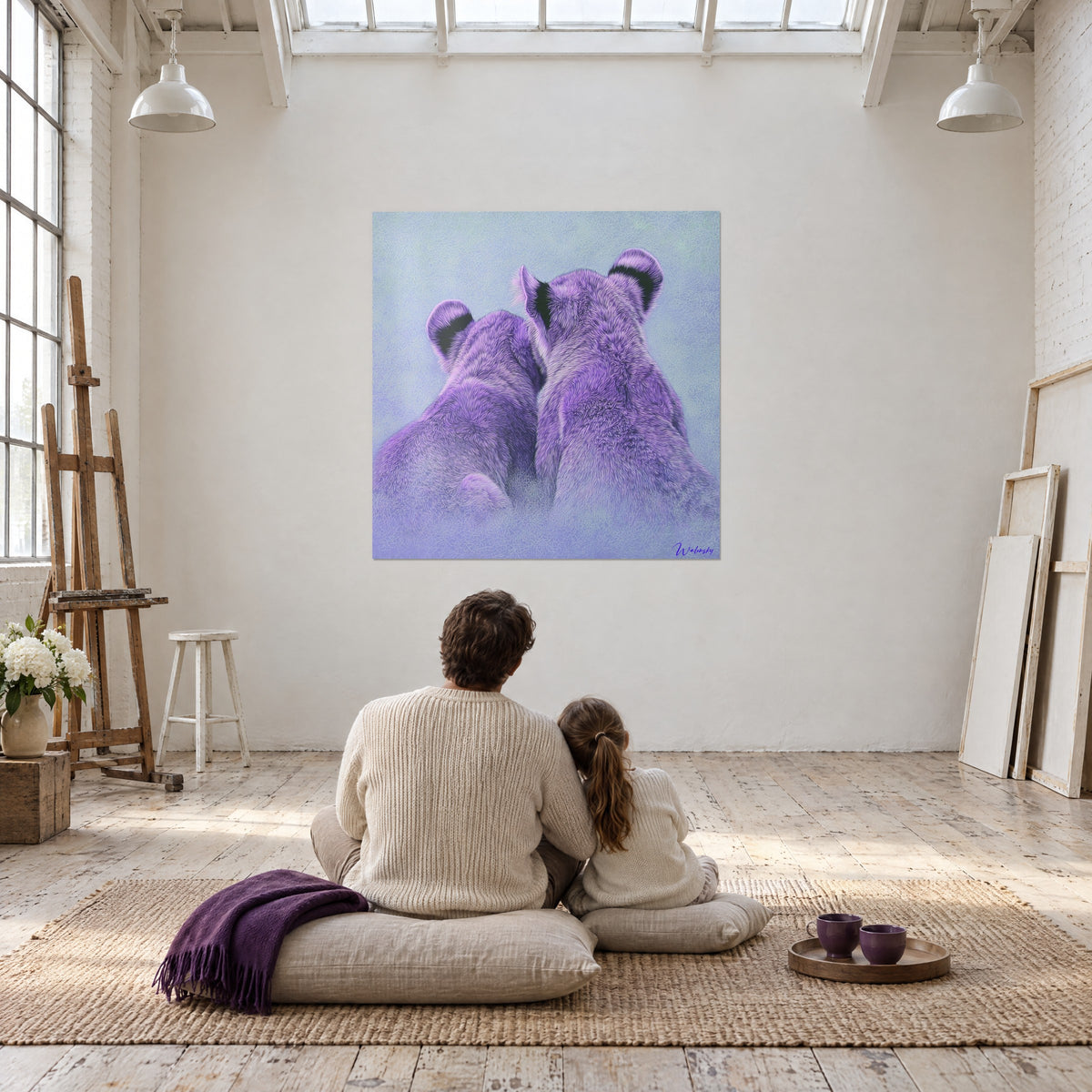 Cuadro leonas moradas acurrucadas de espaldas, pelaje ciruela texturizado, cielo gris azulado, adulto y niño sentados de espaldas en un loft de artista