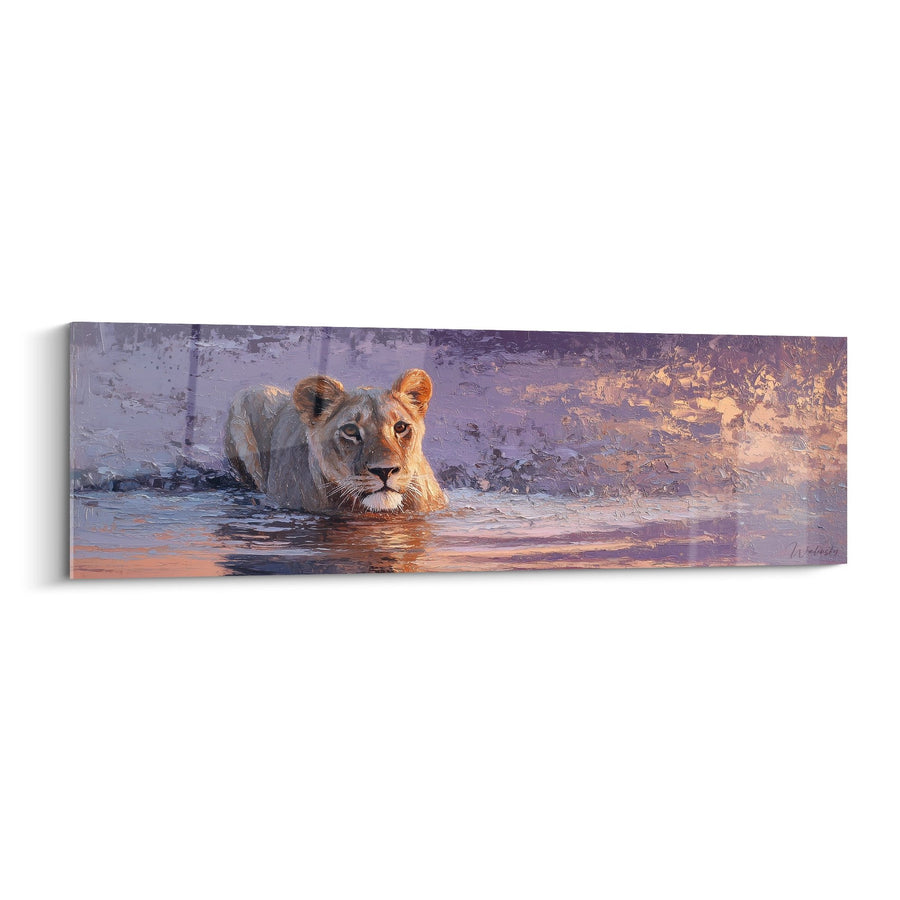 Tableau Lion dans l'eau aux reflets dorés et violets - Contemplation sauvage - Edition Lion
