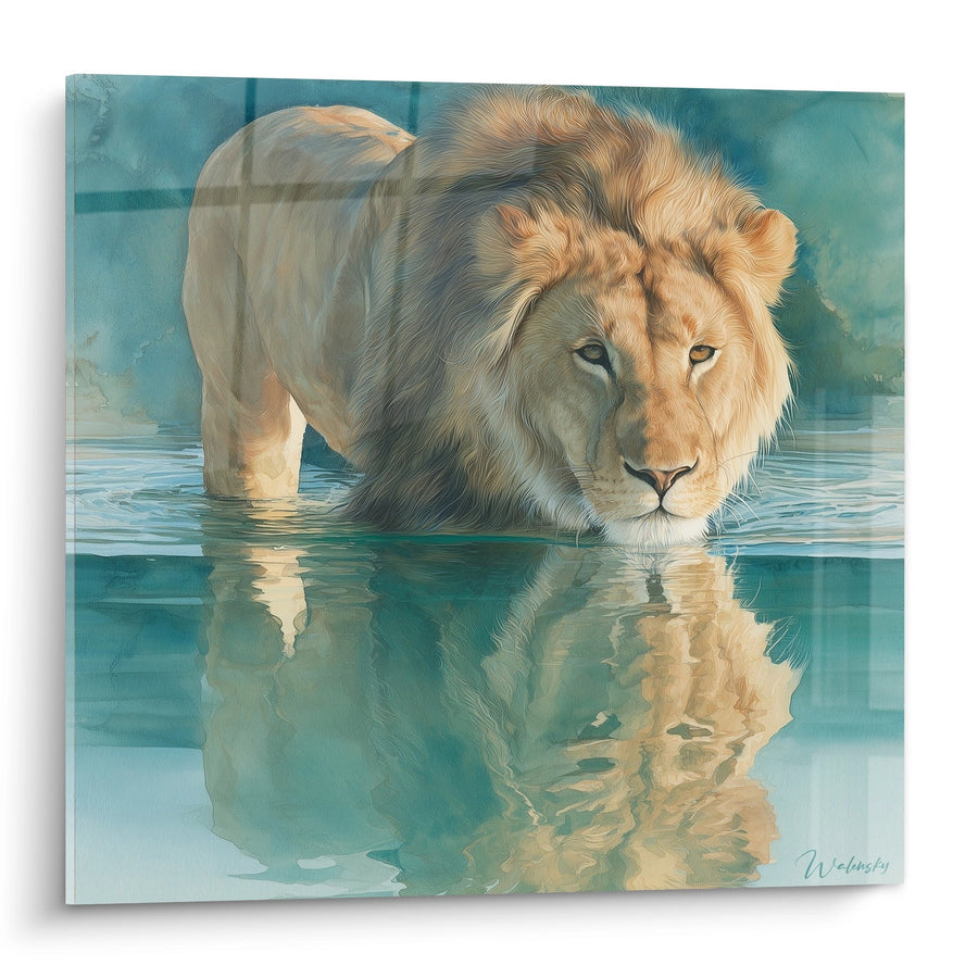 Tableau Lion Majestueux Buvant dans l'Eau Turquoise - Reflets Dorés - Edition Lion