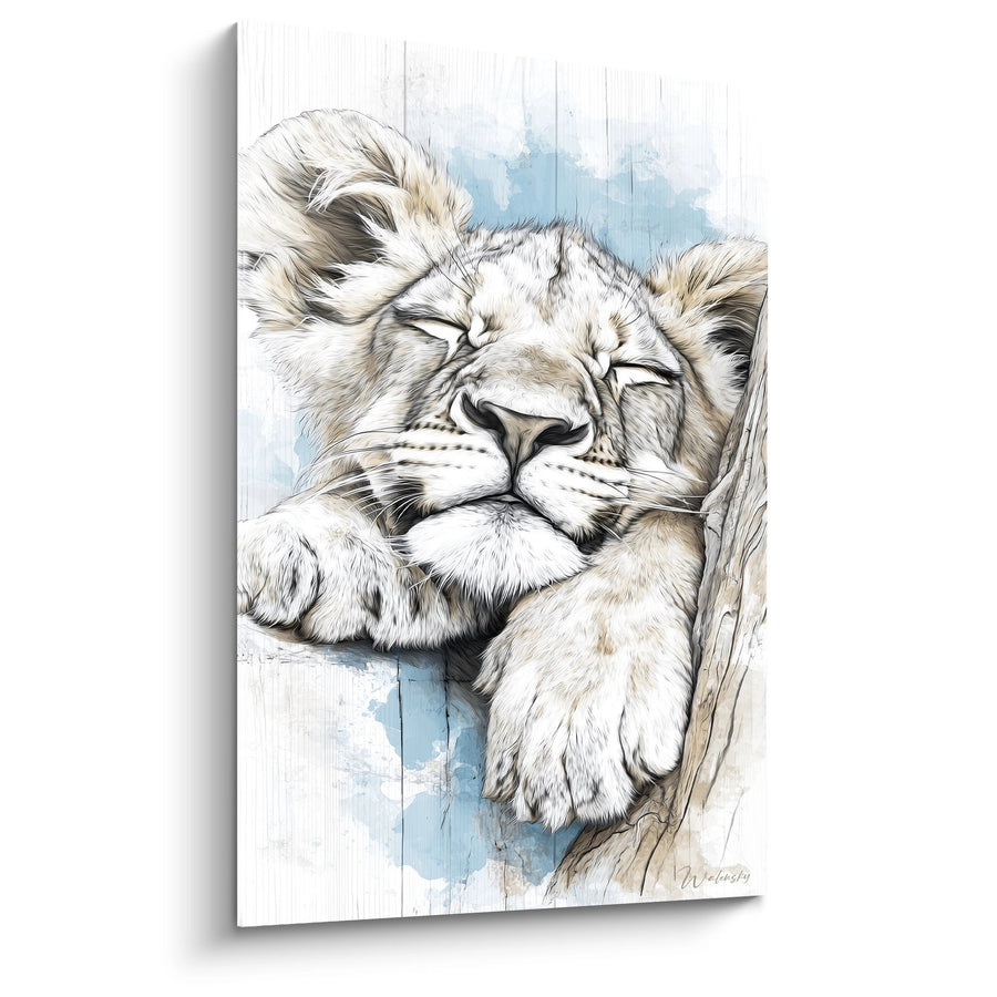 Tableau Lion Endormi aux Tons Aquarelle Bleu et Beige - Sérénité Royale - Edition Lion